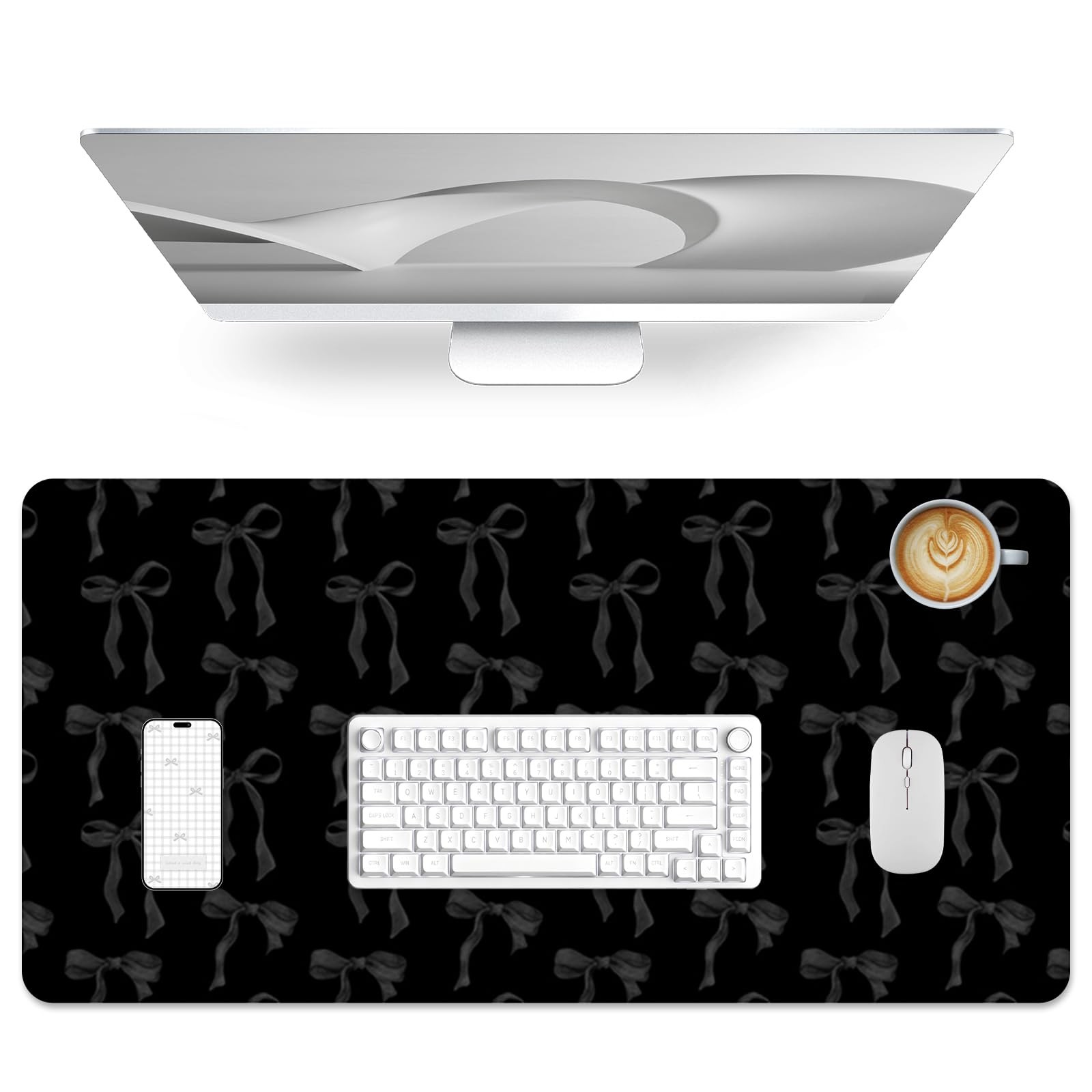 Bow Desk Mat, Black Pad PU Leather Large Keyboard Mat 31.5 x 15.7