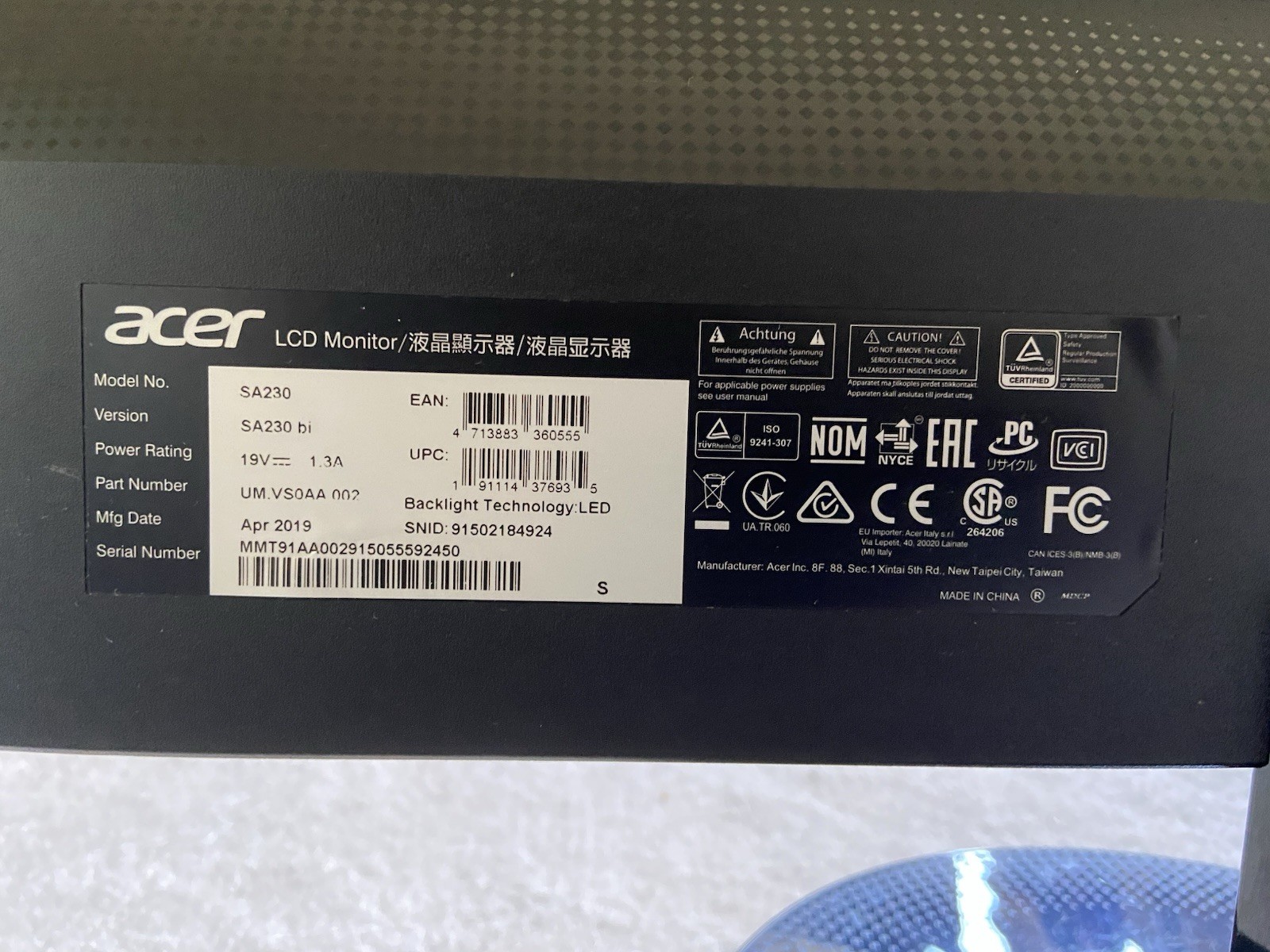 Acer SA230 Widescreen 23 inch LED Monitor