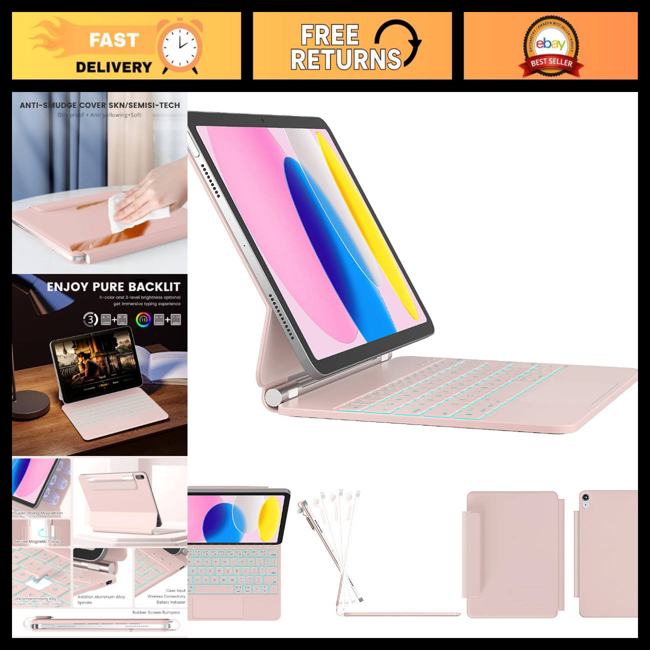 iPad A16 11th/10th Gen Case with Keyboard, Magnetic Floating Stand, Slim Design