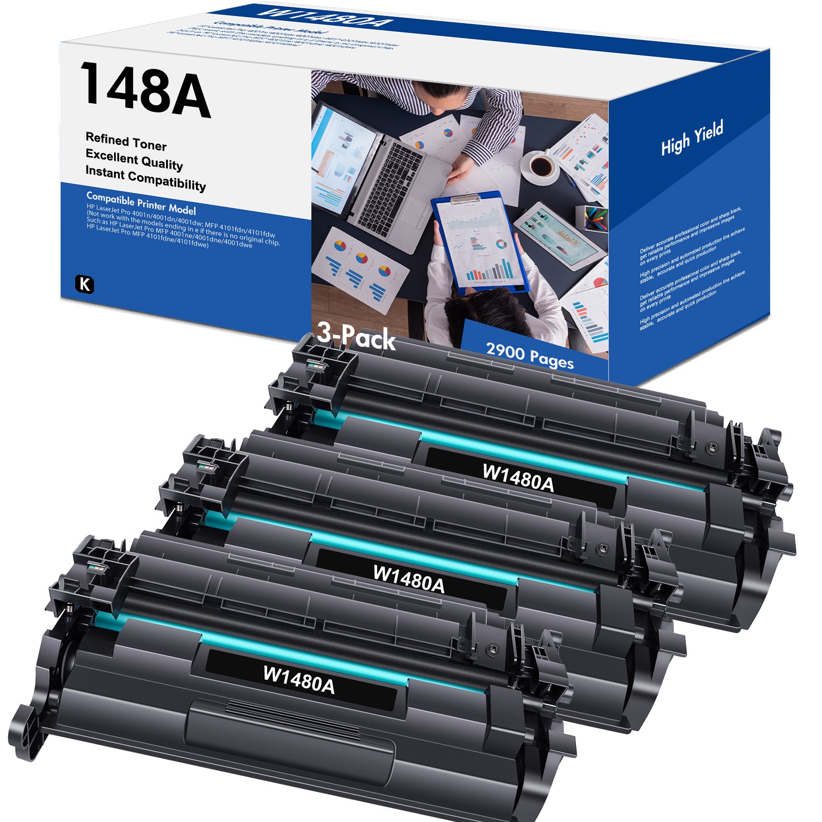 3 PK 148A W1480A With Chip Toner For HP LaserJet Pro 4001n/dn/1dw MFP 4101fdw