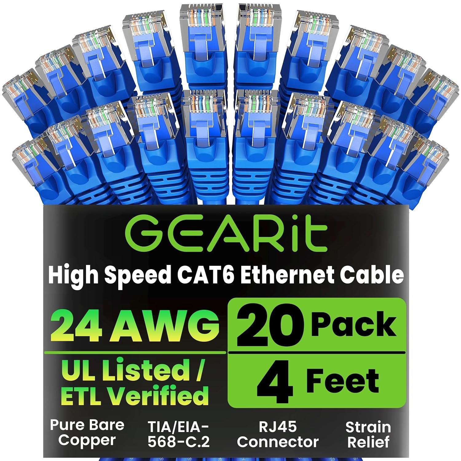 GEARit Cat6 Patch Cables Cat 6 Ethernet Cable 4 ft 20-Pack Blue NEW