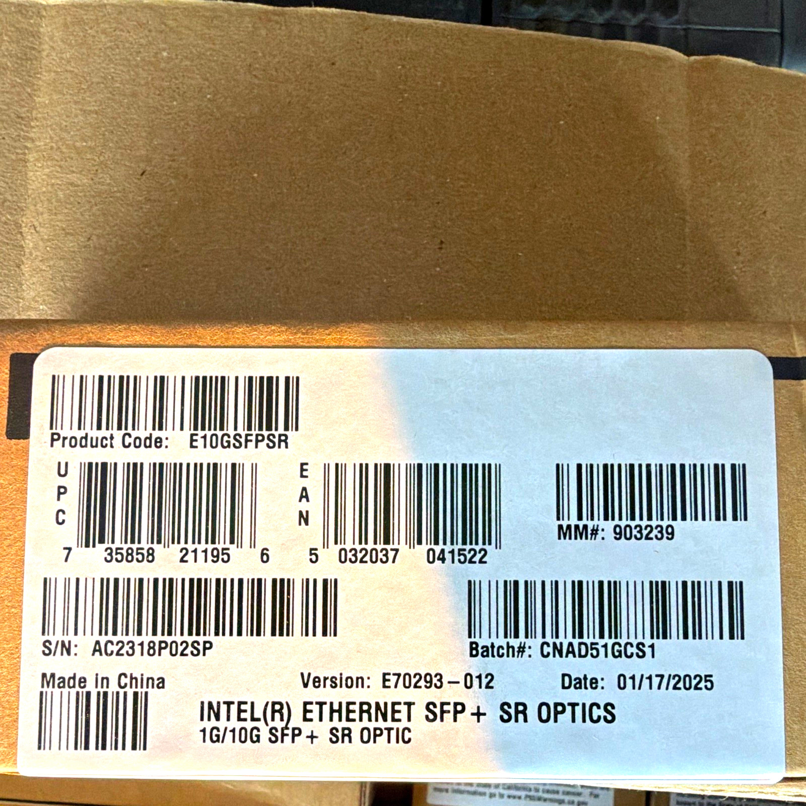 Intel Ethernet E10GSFPSR 10Gb SFP+ SR Transceiver Module, LC Duplex