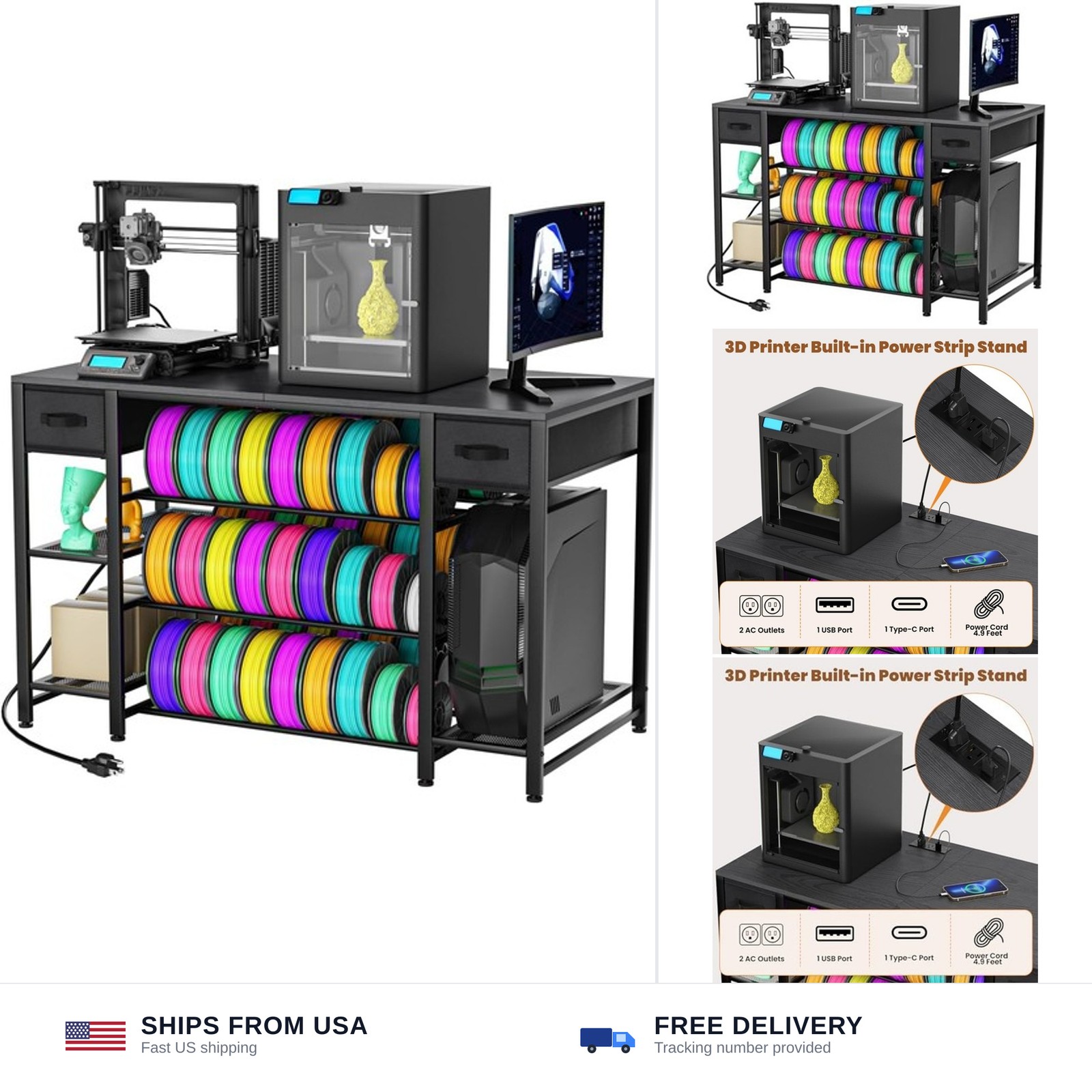 3D Printer Table with Storage, Heavy Duty Metal 3D Printer Stand with Filamen...