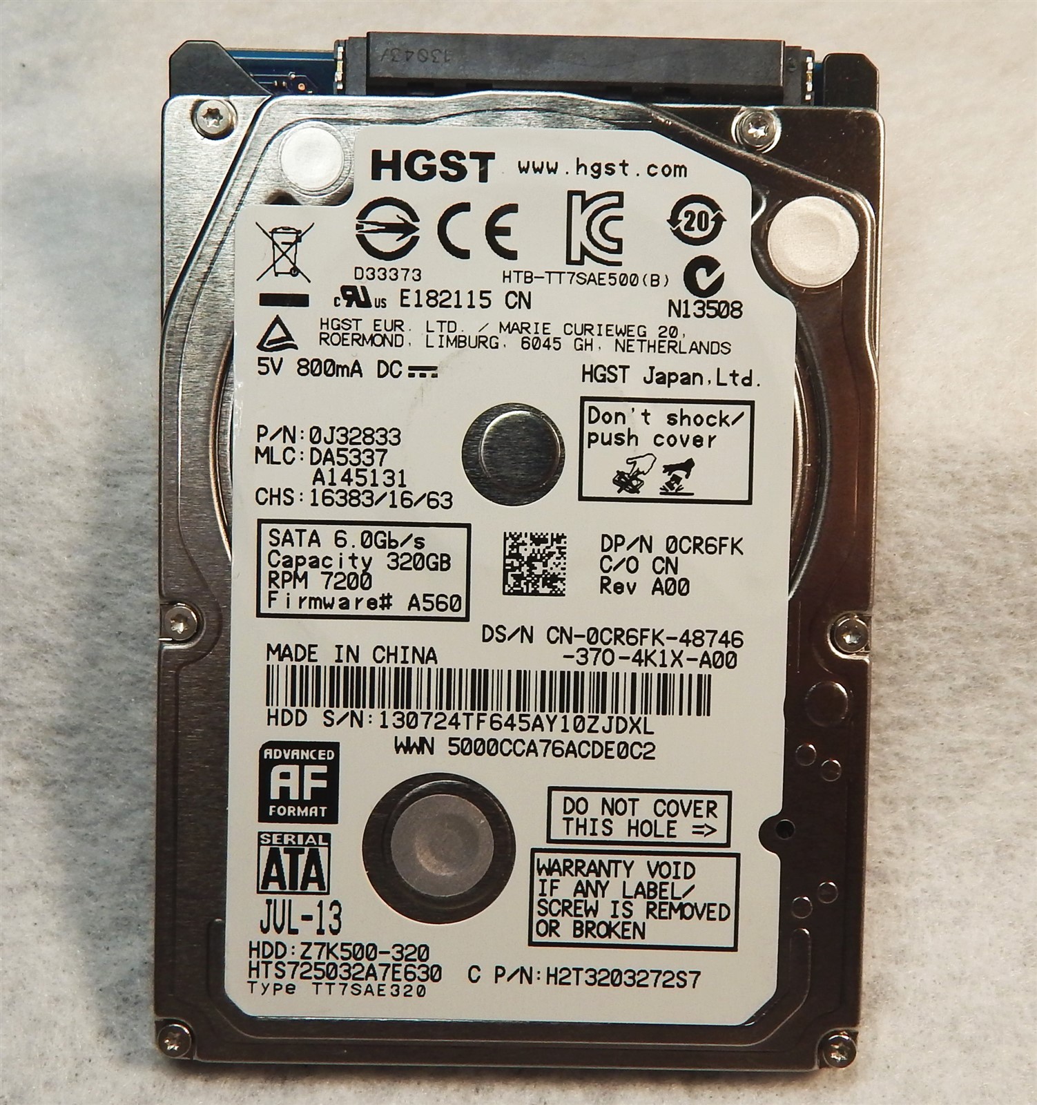320GB 2.5" SATA HDD ~ 7200RPM ~ HGST Z7K500-320 ~ SN:130724TF645AY10ZJDXL