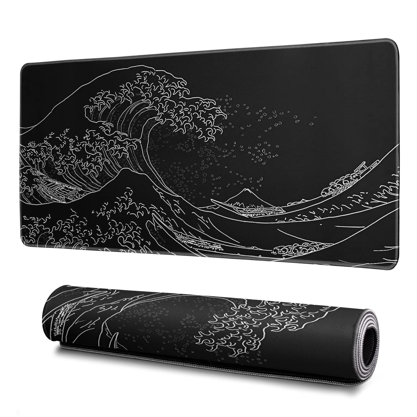 Japanese Gaming Mouse Pad Abstract Black Mouse Pad 31.5x11.8 Inch Black Sea W...