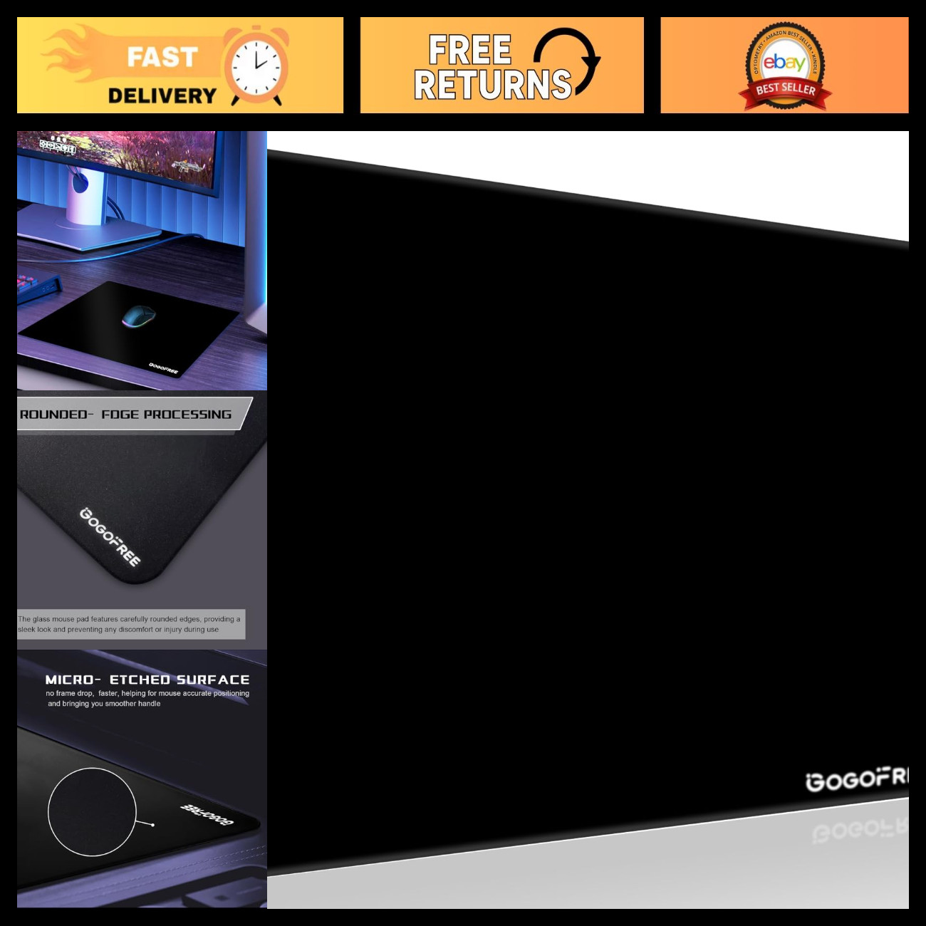Large Black Glass Gaming Mousepad - Ultra Smooth Hard Surface, Precision Control