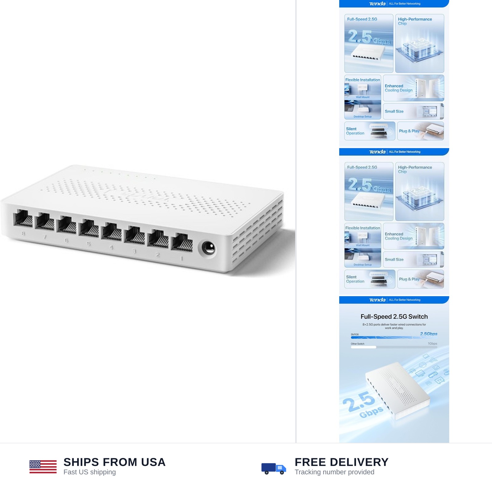Tenda 8 Port 2.5G Ethernet Switch, Multi-Gigabit 2.5Gb Ethernet Splitter, Unm...