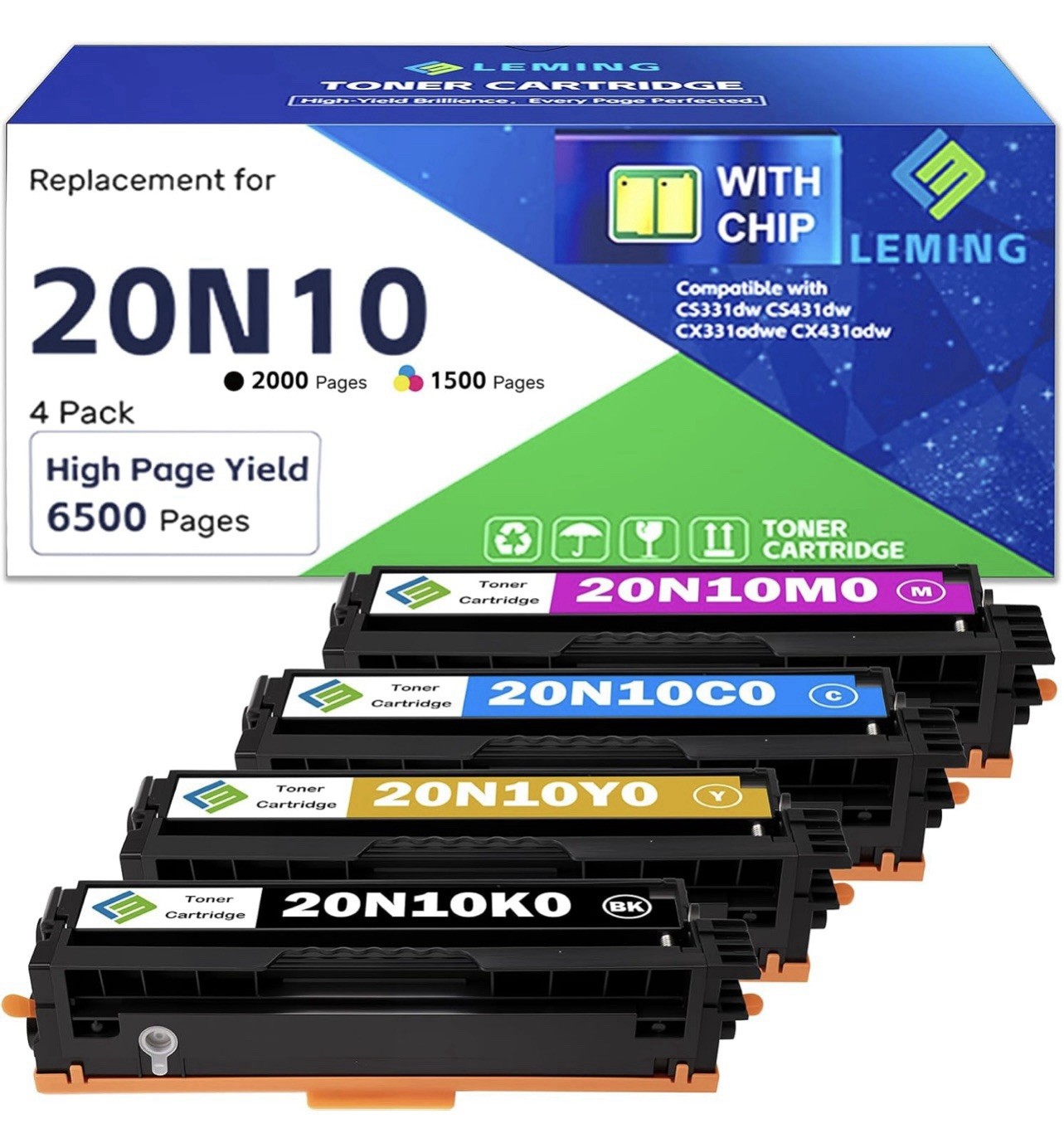 20N10K0 4 Pack 20N10C0 20N10M0 20N10Y0 Toner Compatible for Lexmark 20N10 CS331