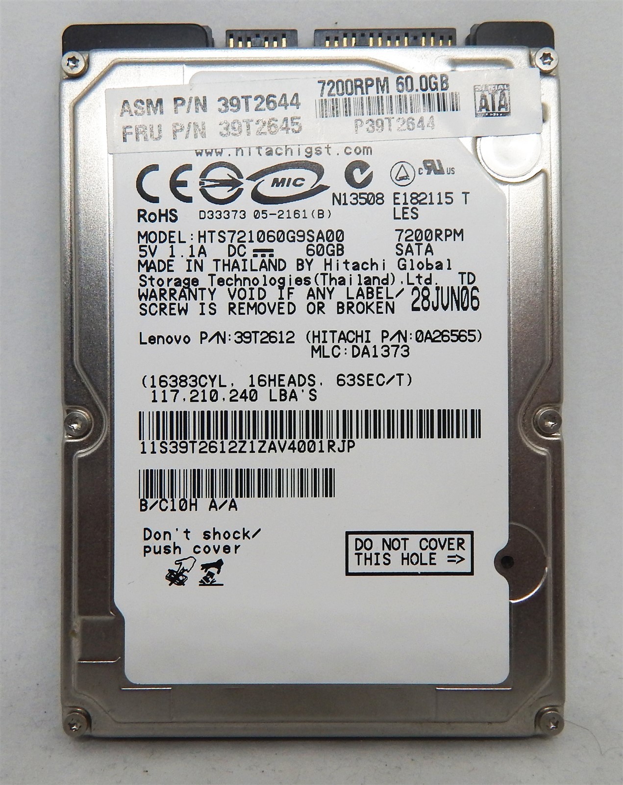 60GB 2.5" SATA 7200rpm HDD ~ Hitachi 0A26565 HTS721060G9SA00 