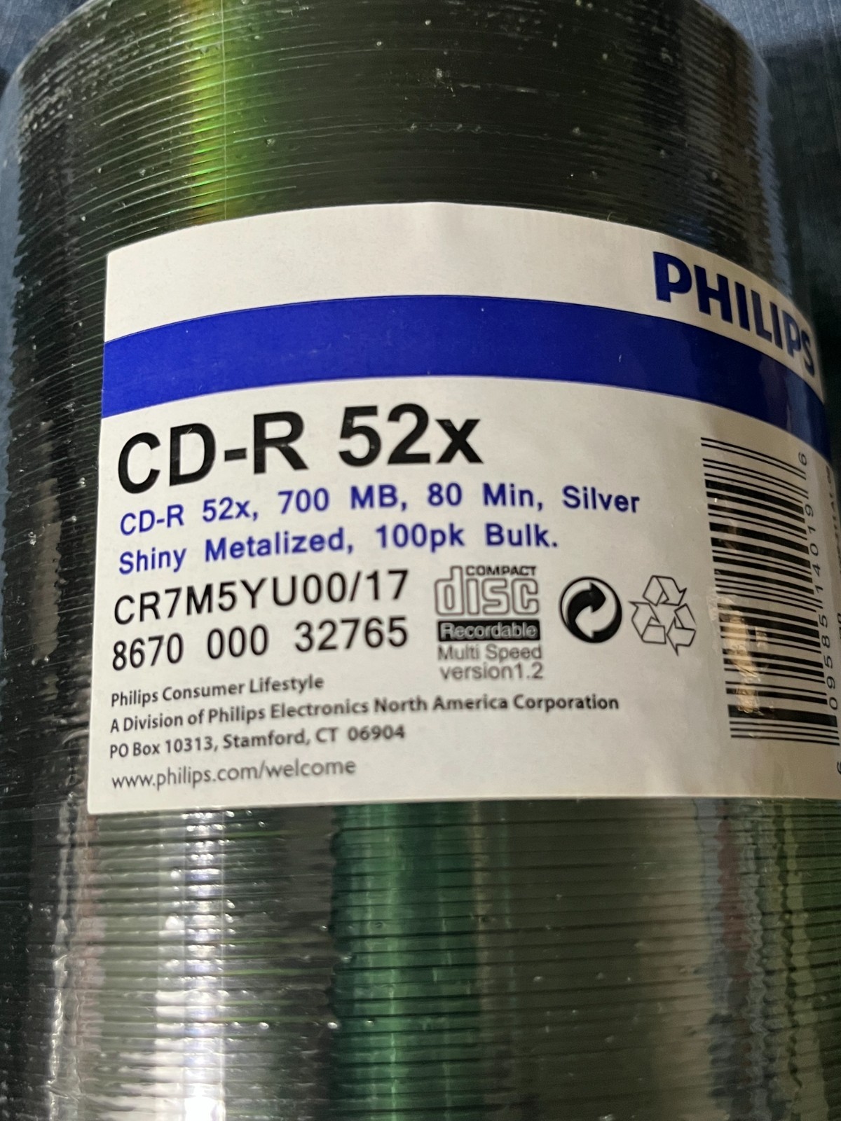PHILIPS CD-R 100 pk - 700 MB, 80 MIN, SILVER SHINY METALIZED, UNLABELED-SEALED