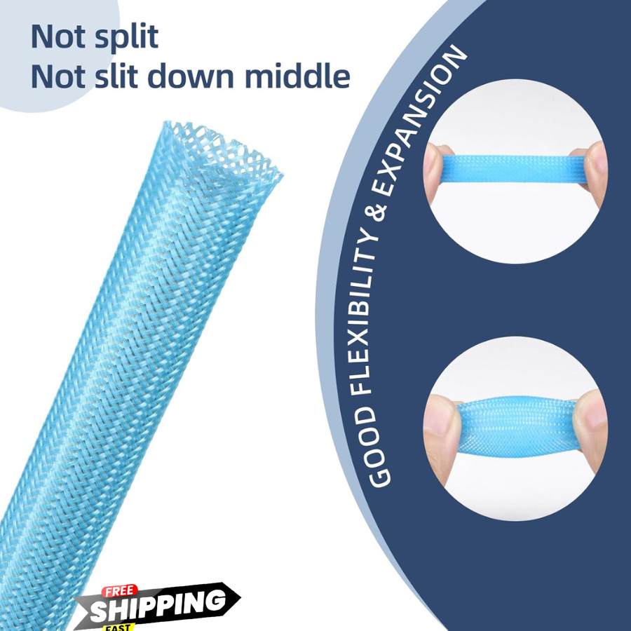 Blue Expandable Braided Cable Sleeve 1/4" x 25ft Wire Loom Cord Management