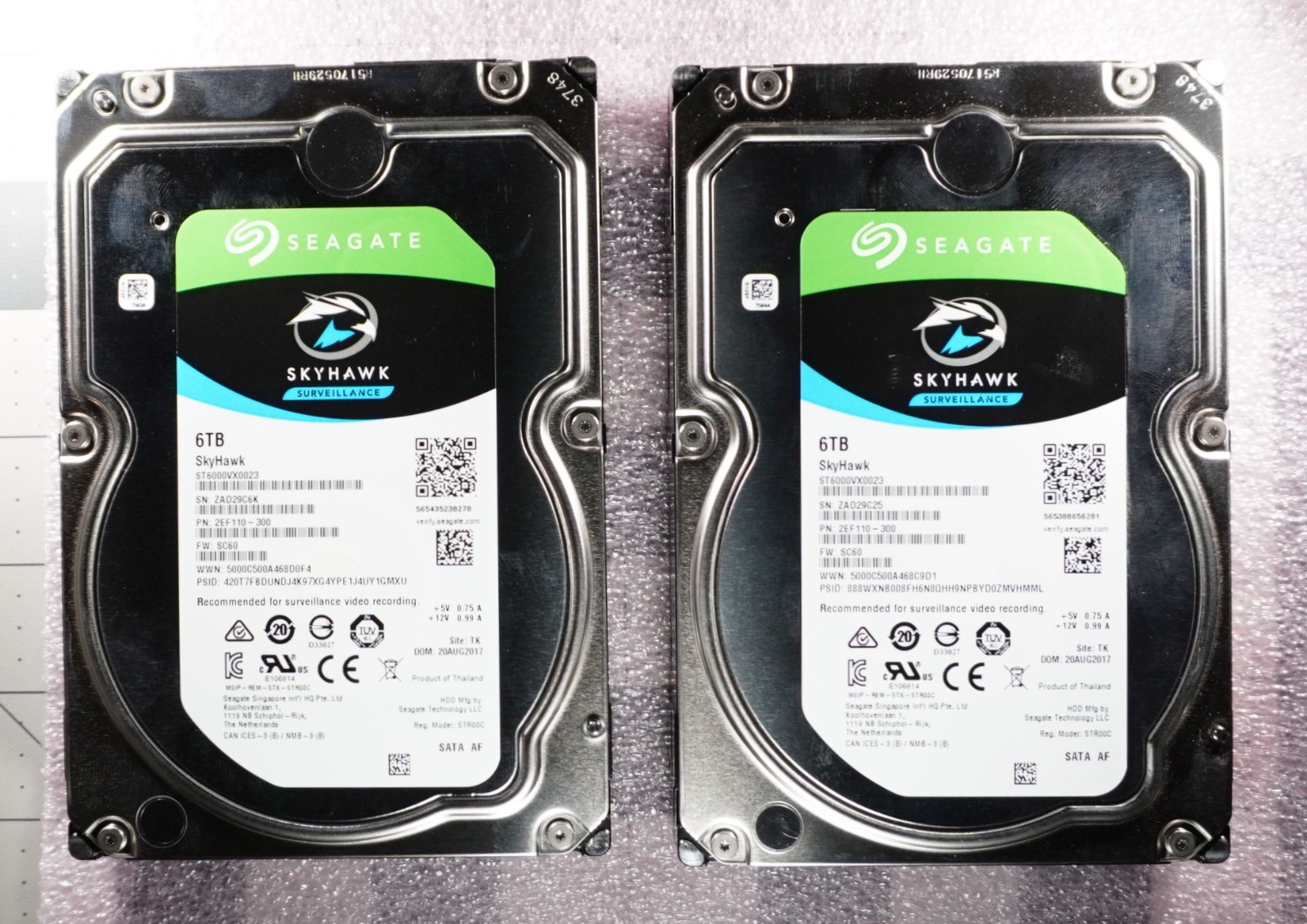 LOT OF 2 Seagate 6TB SkyHawk Surveillance 3.5" SATA HDD ST6000VX0023