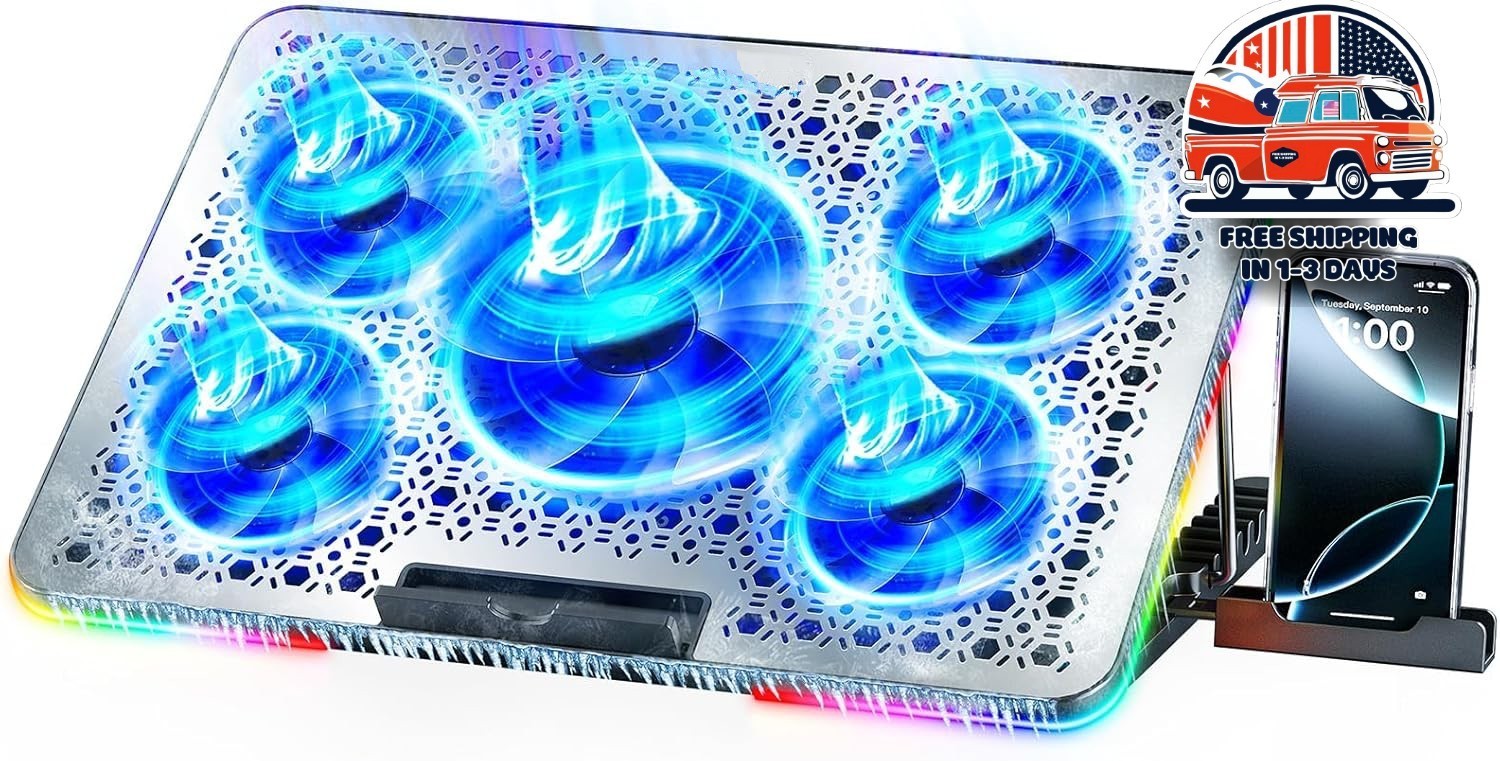 Enfriador Portátiles Para Juegos 5 Ventiladores Silenciosos Y Luces LED NEW US