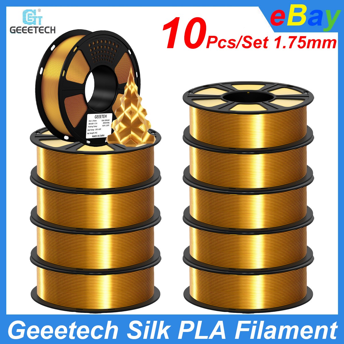 10x Geeetech PLA Filament 1.75mm 1kg Silk Gold 3D Printer Filament Silky Texture