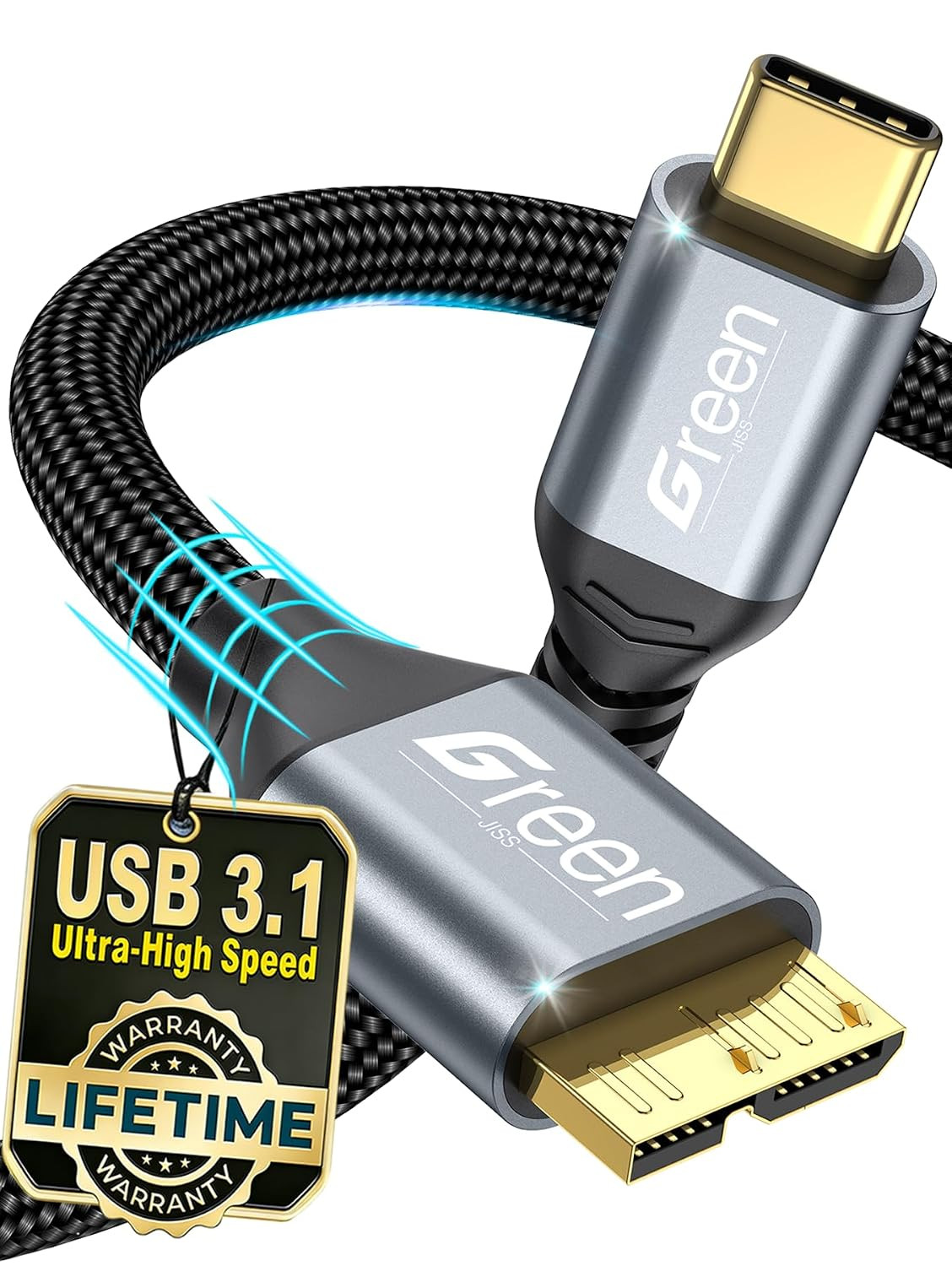 ® 10 Gbps Micro B to USB C Hard Drive Cable, 10FT Gold-Plated Heavy Duty Externa