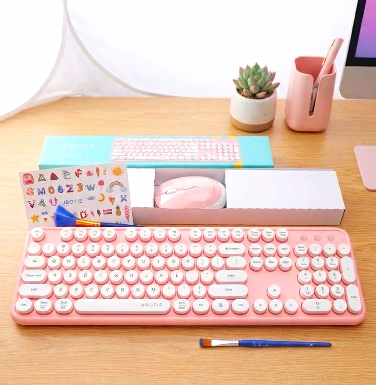 UBOTIE Wireless Keyboard Pink/White Plug & Play English QWERTY Layout
