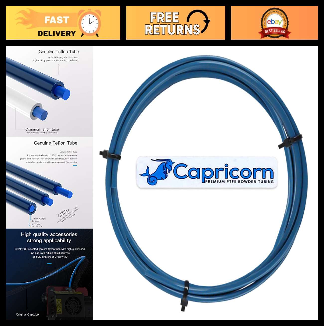 2m Low Friction PTFE Bowden Tubing for 1.75mm 3D Printers - Ender 3, CR-10, 6 SE