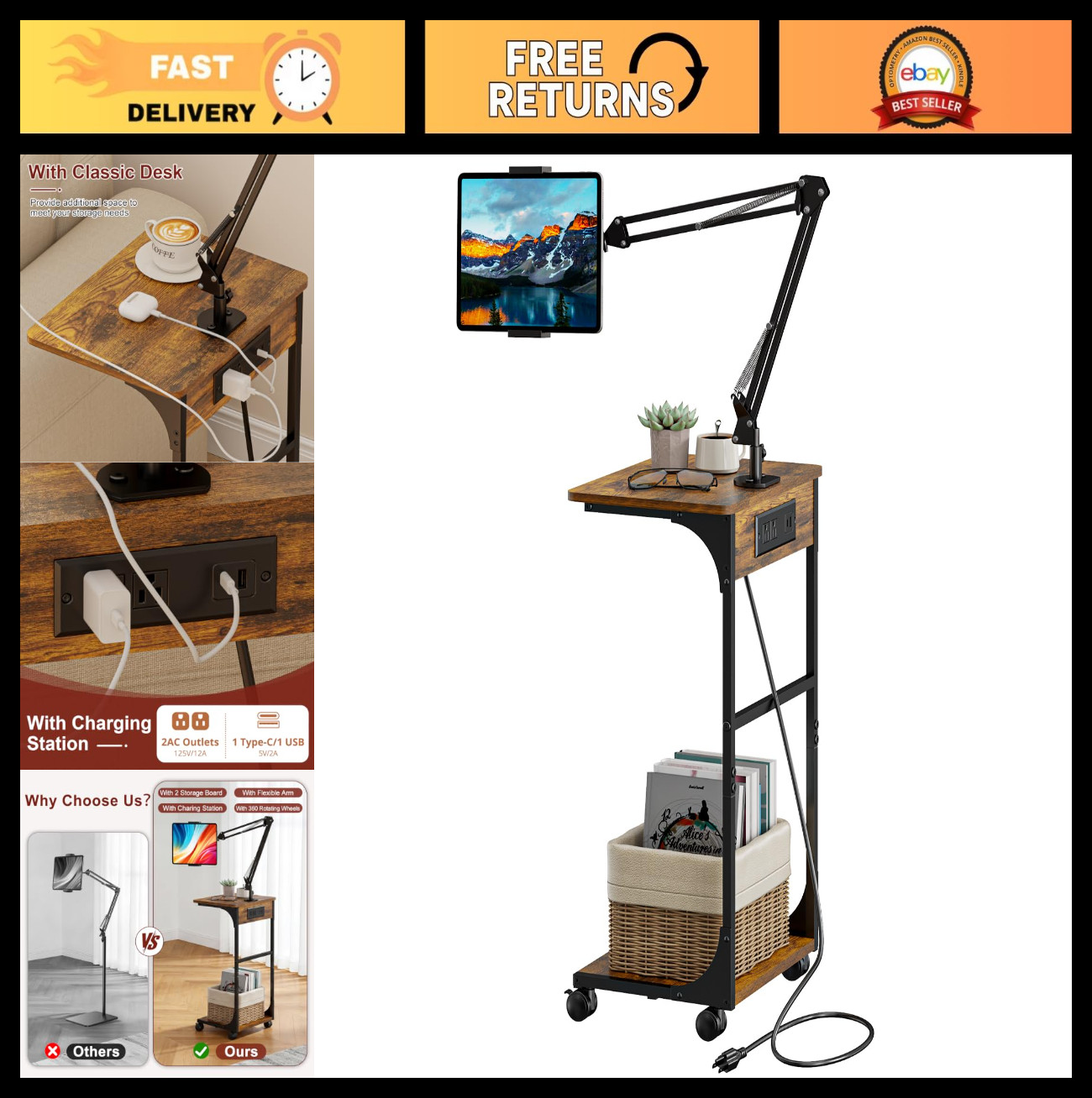 Floor Kindle Phone Tablet Stand with Side Table & Charging Station