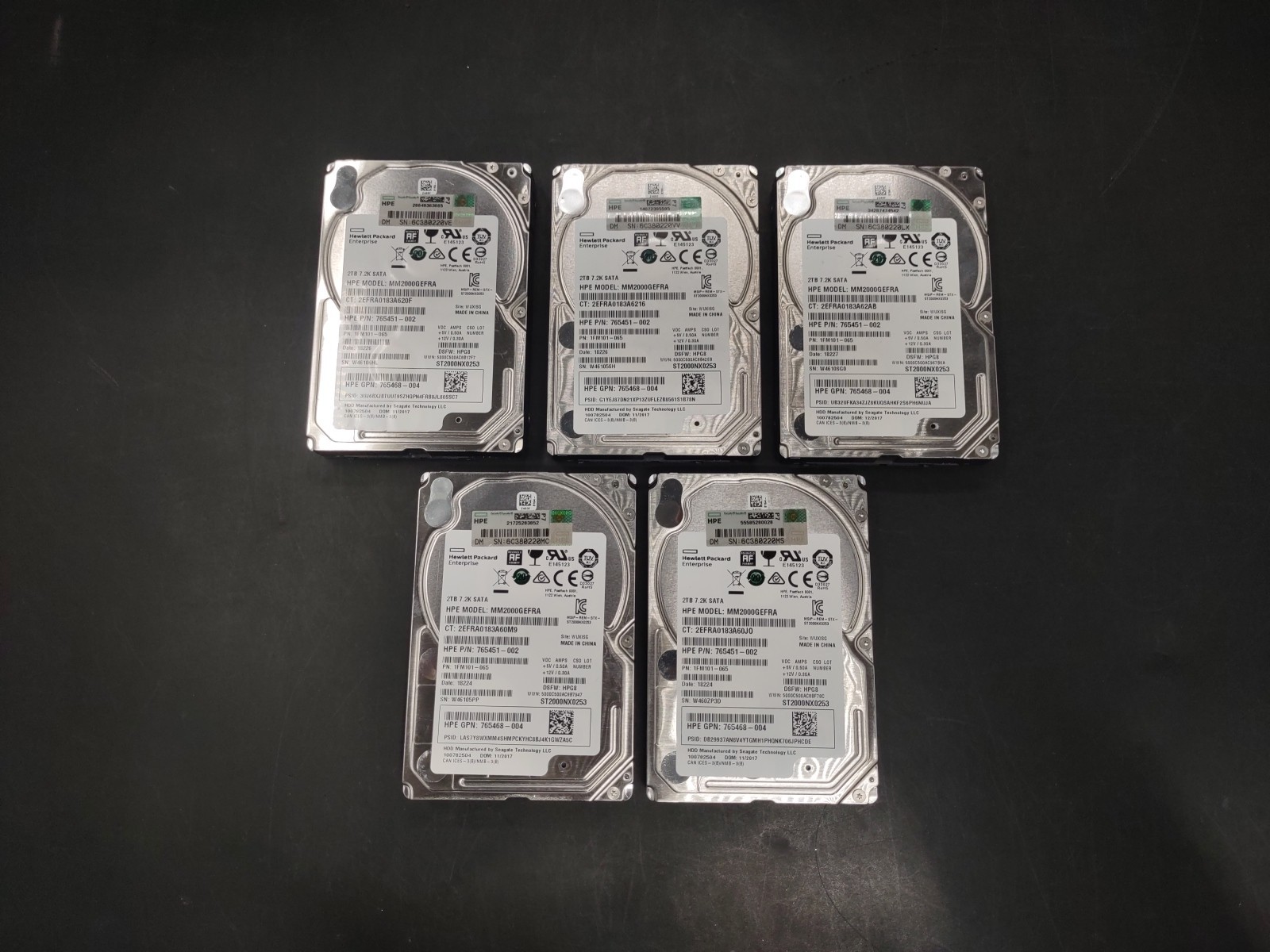 Lot of 5 HPE 2TB MM2000GEFRA SATA - Wiped and Tested