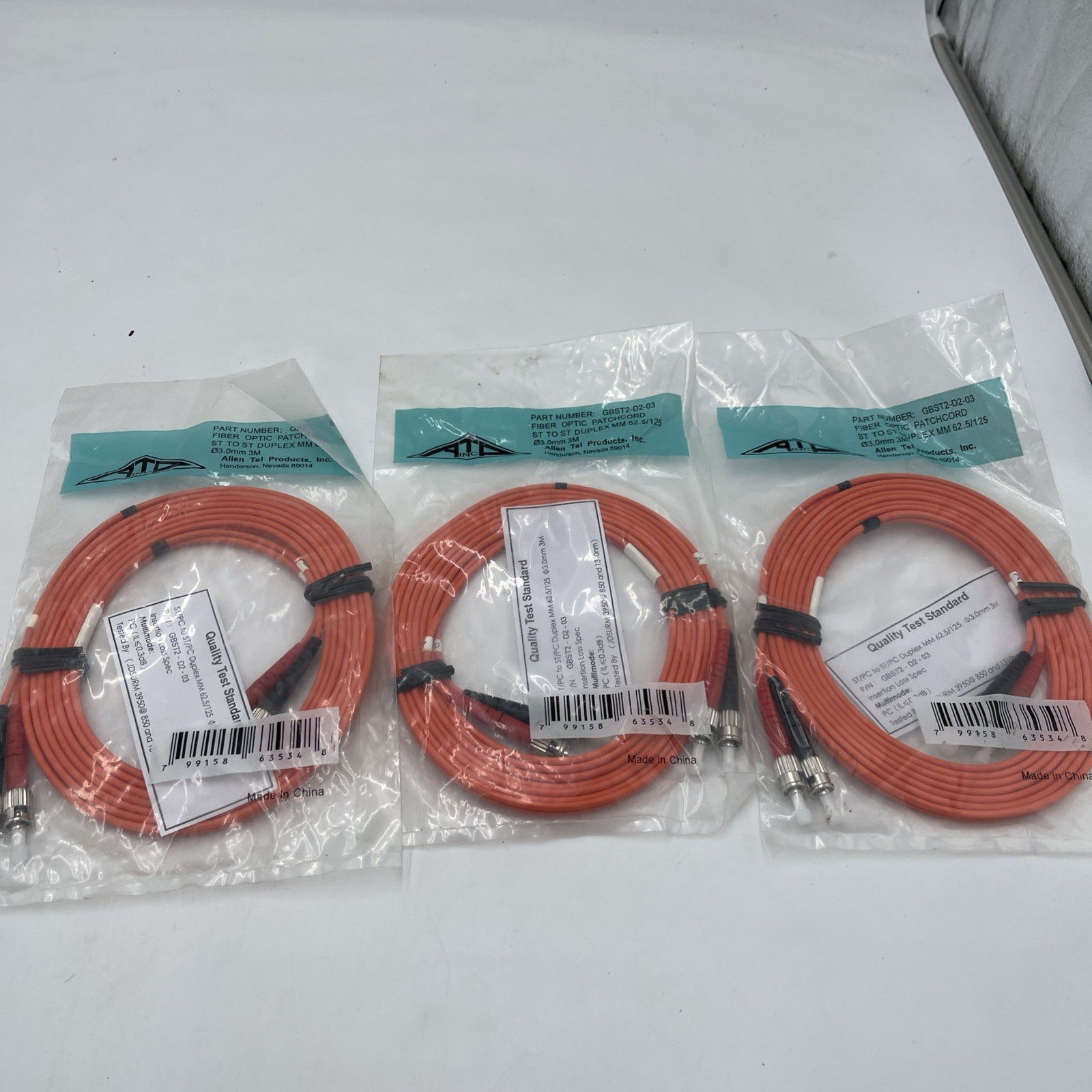 3 QTY ATP Allen Tel Products GBST2-D2-03 Fiber Optic Patch Cord