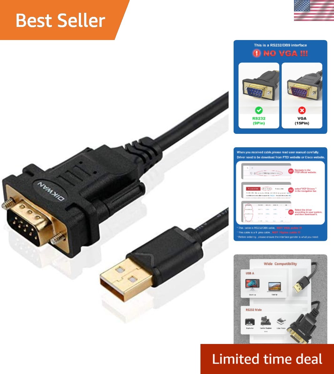 Versatile 6ft USB to Male DB9 Serial Adapter Cable with FTDI Reliability
