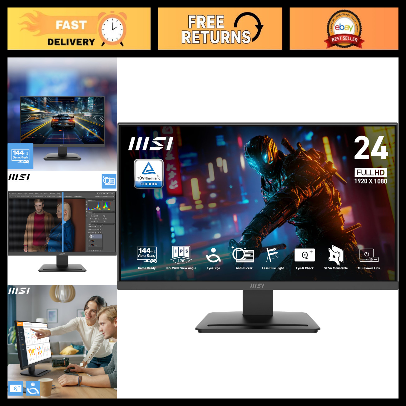 24" FHD Gaming Office Monitor, 144Hz, IPS, FreeSync, HDR, HDMI/VGA, VESA Mount,