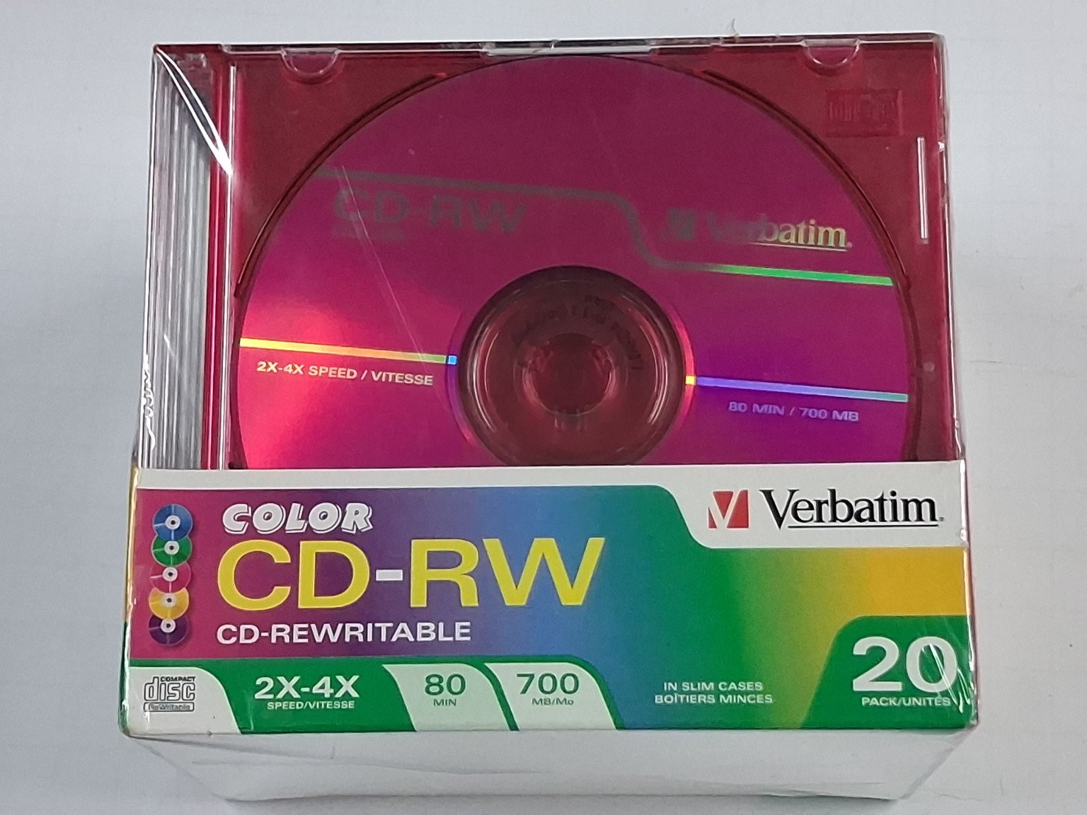 Verbatim Color Cd-rw 700MB 80 Min 2X-4X Rewritable Discs 20 Pack Slim Cases New