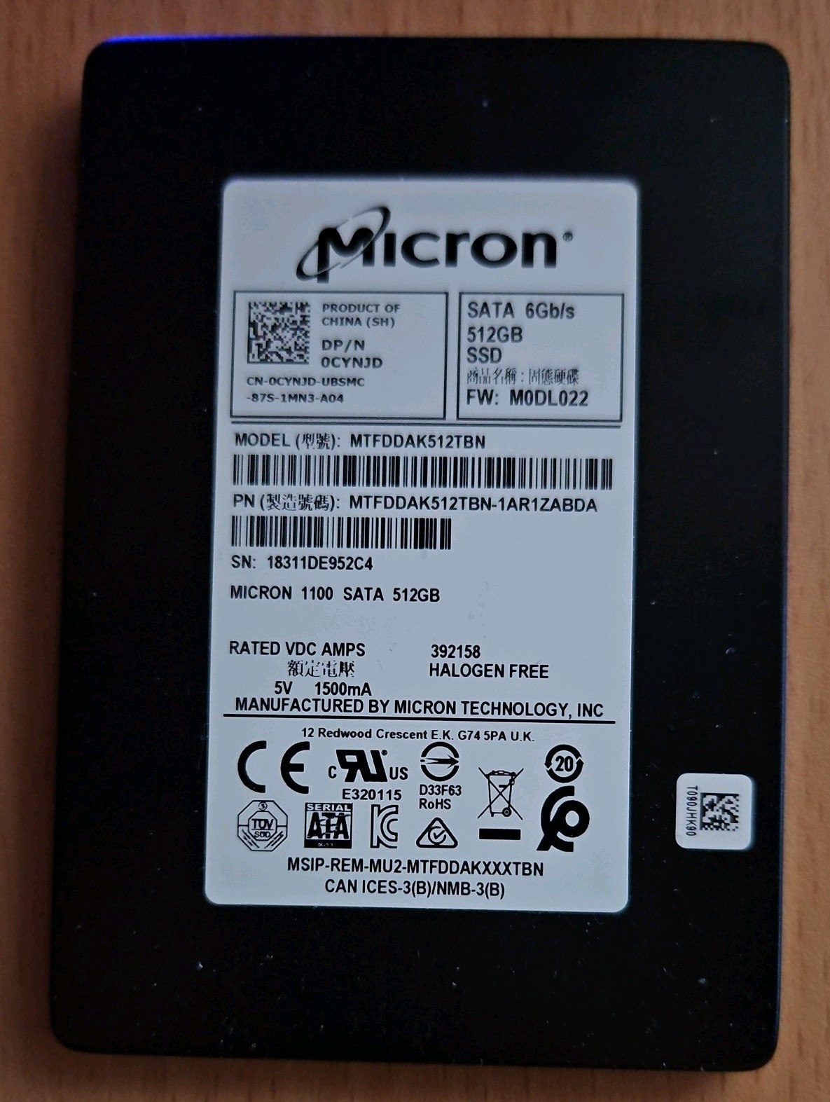 Micron | 1100 | 512GB | SATA III | SSD | Life: Good | 2280