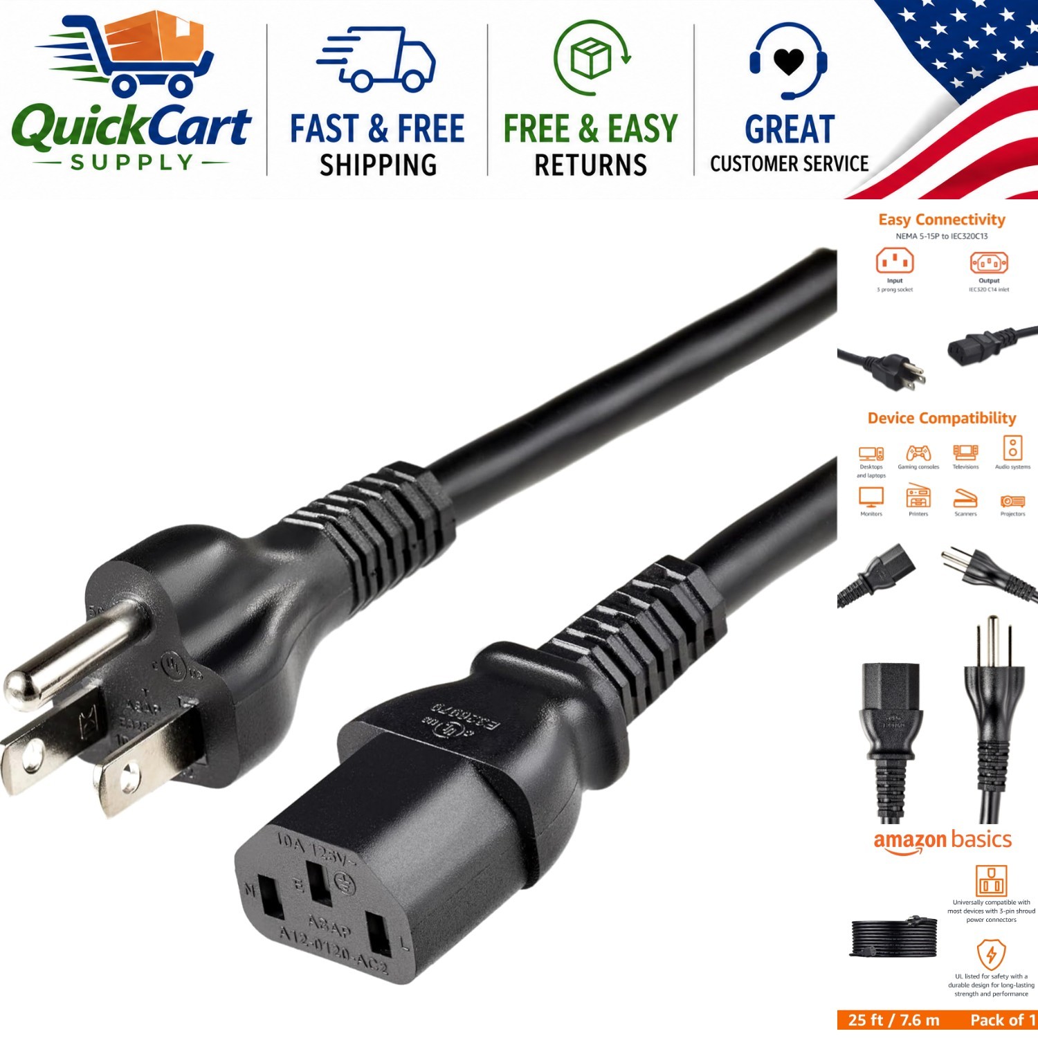 Versatile 25FT Power Cable with NEMA 5-15P Connector - Ideal for Home Use