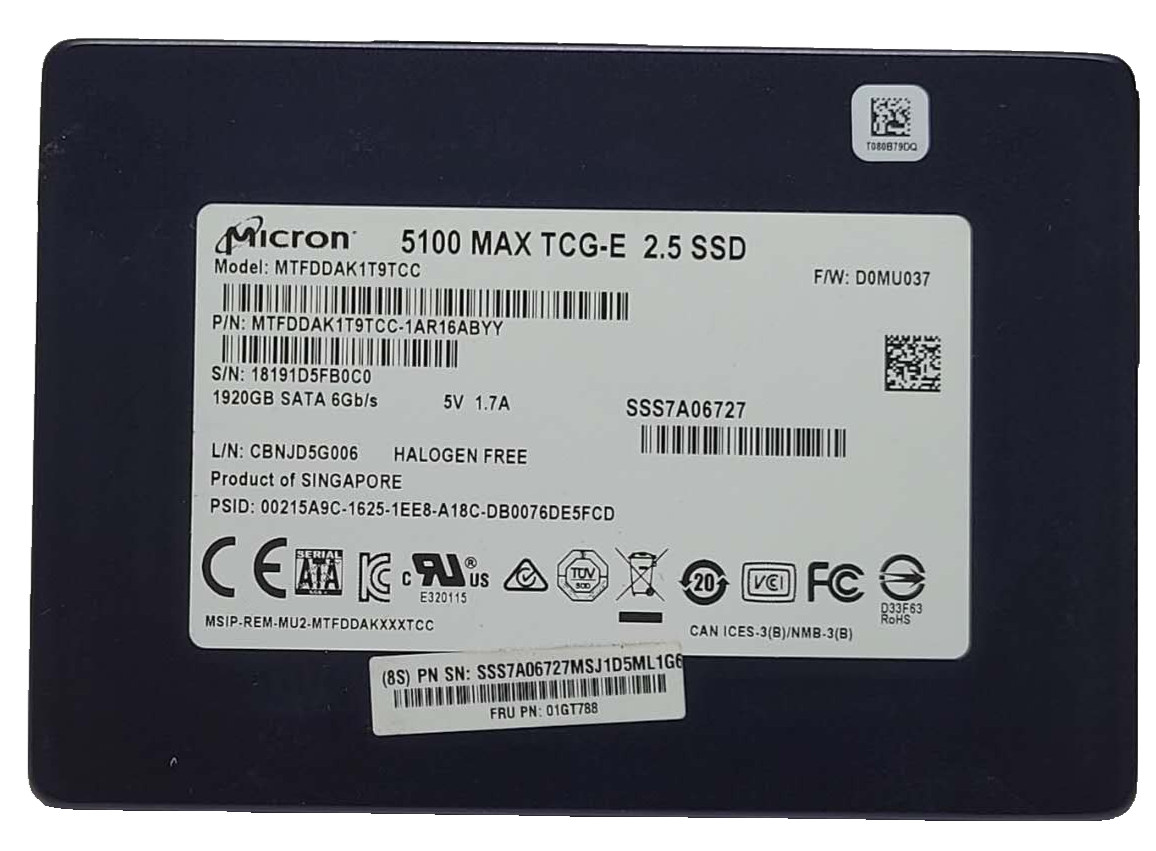 Lenovo Micron 5100 MAX TCG-E 1.92TB 2.5" SATA SSD MTFDDAK1T9TCC 100% HEALTH