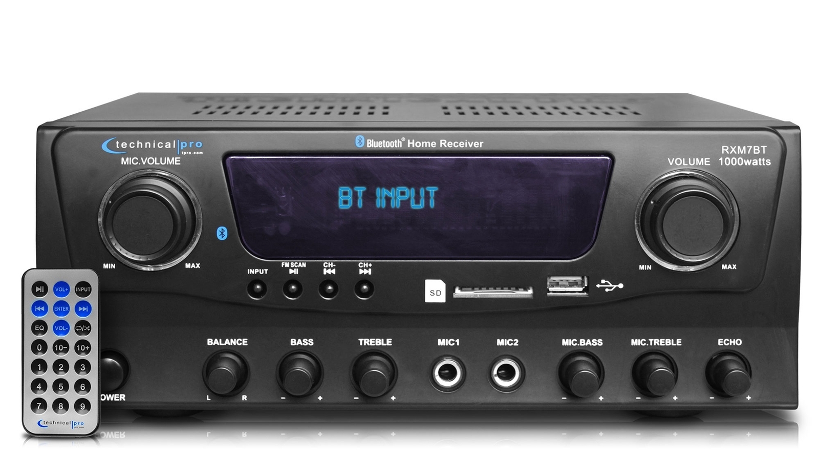Professional Bluetooth Receiver with USB & SD Card Inputs, 1000 Watts Peak Power
