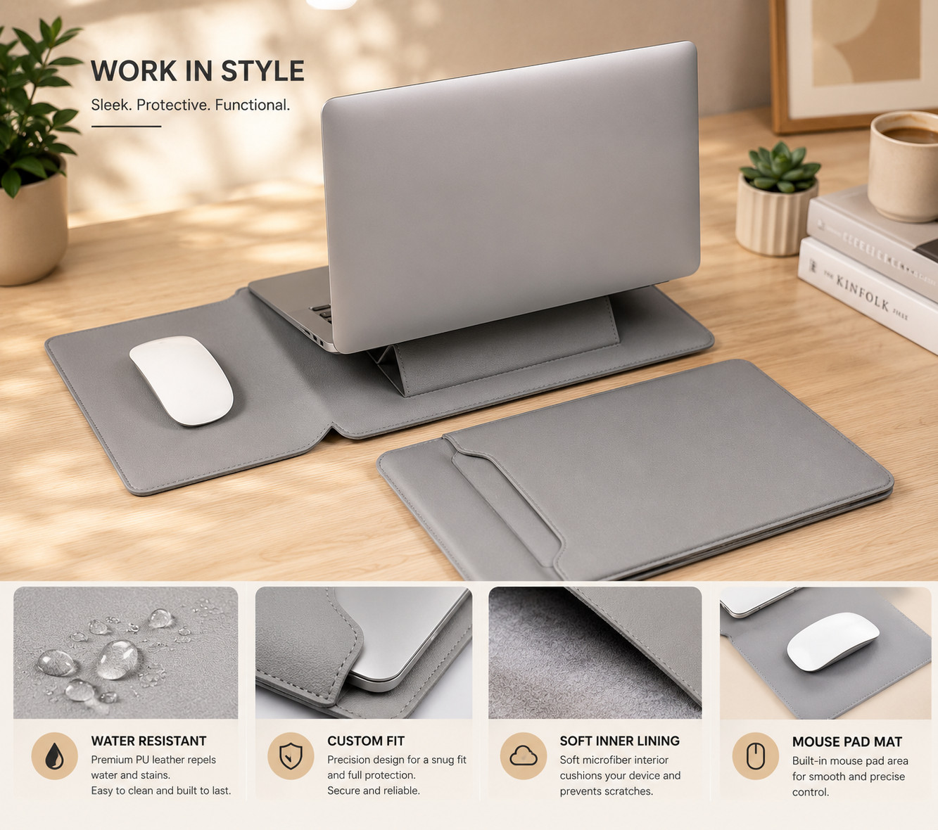 Premium Leather 13-14in Laptop Sleeve Bag with Stand & Accessories 