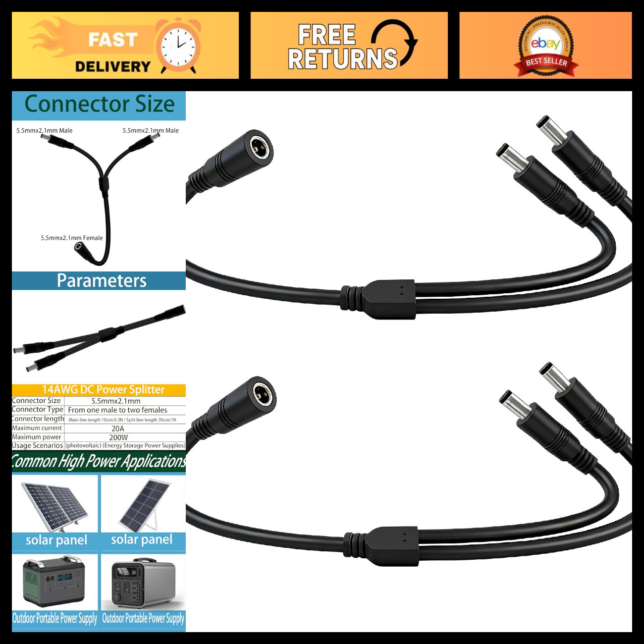 14AWG Heavy-Duty DC Power Splitter Cable 1.3FT 5.5mm x 2.1mm 1 Female to 2 Male