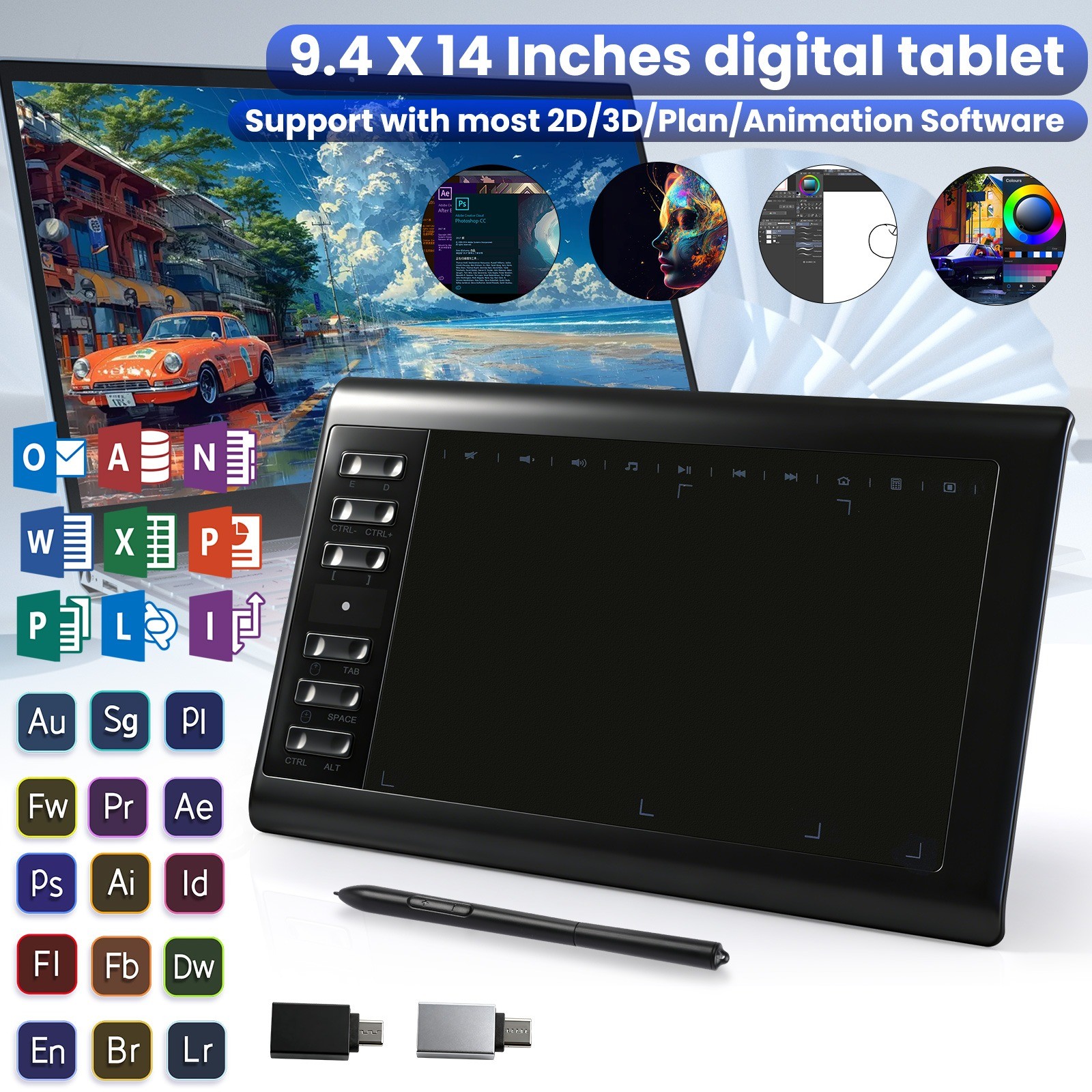 Professional Digital Graphic Drawing Tablet 10x6in 12 Keys with Battery-free Pen