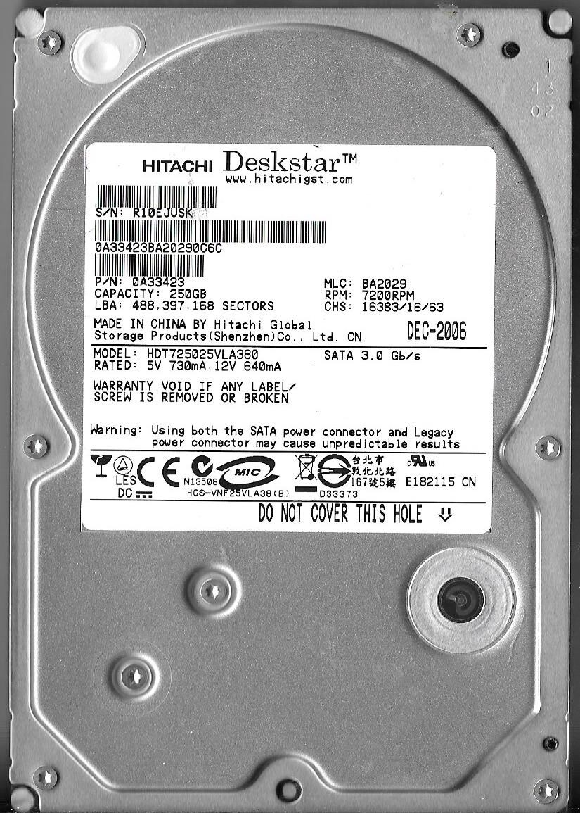 Hitachi HDT725025VLA380 250GB Sata Hard Drive P/N: 0A33423  MLC: BA2029