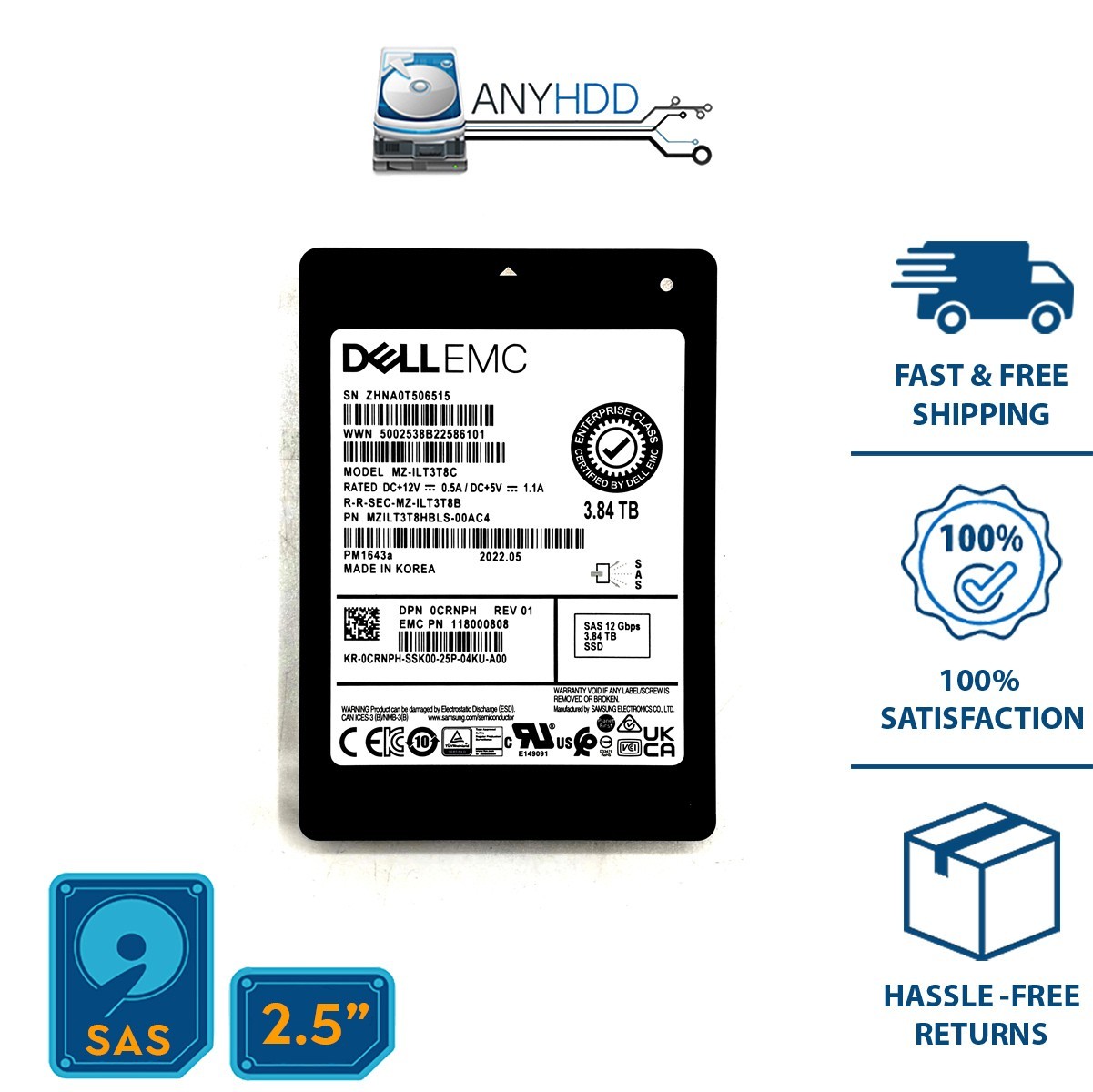 NEW Dell EMC 3.84TB SAS SSD 12Gbs 2.5" - PM1643a - MZ-ILT3T8C MZILT3T8HBLS-00AC4