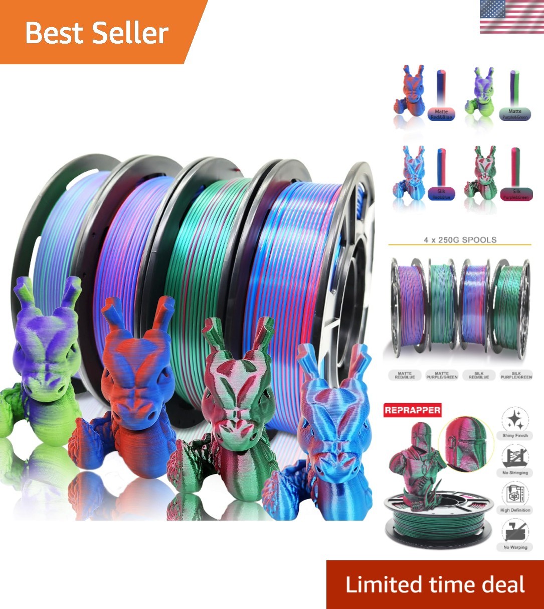 Versatile 4-Spool PLA Filament Pack - Dual Color Coextrusion for ALL 3D Printers