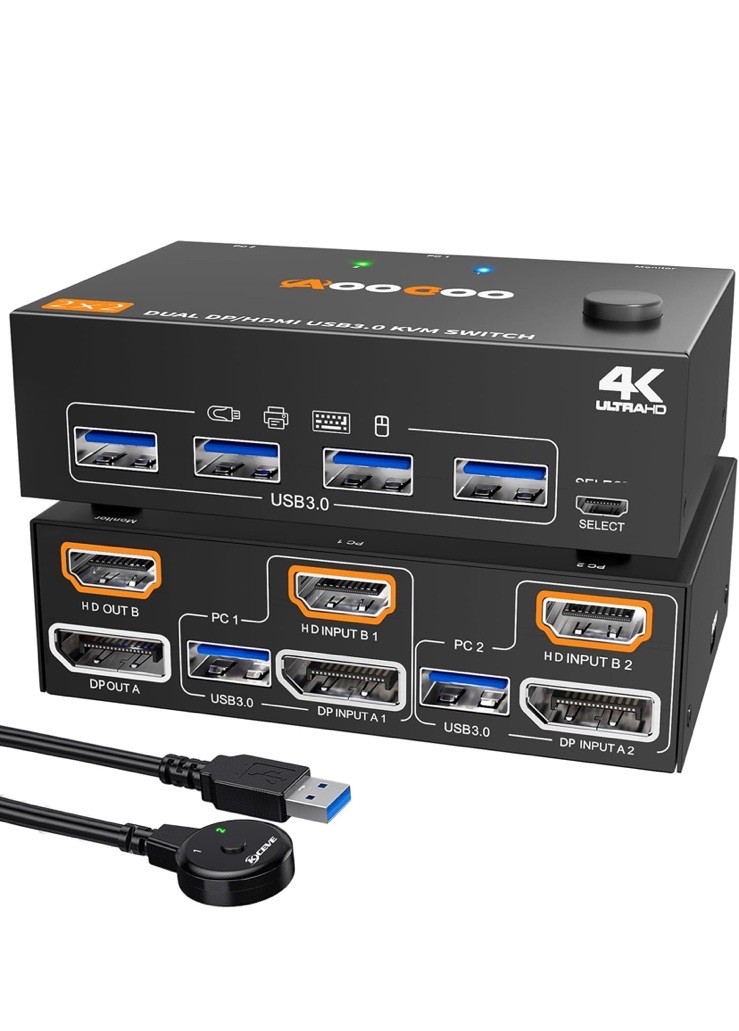 AOOCOO Low Power 2x2 Dual DP/HDMI USB 3.0 KVM Switch - Black