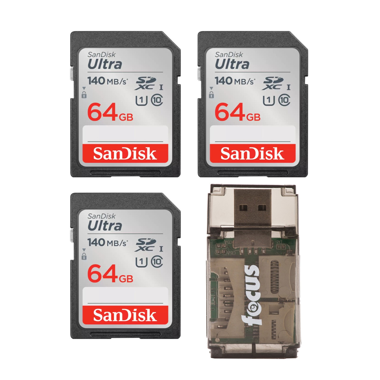 SanDisk 64GB 140 MBs SDXC Memory Card 3 pack All In One Card Reader