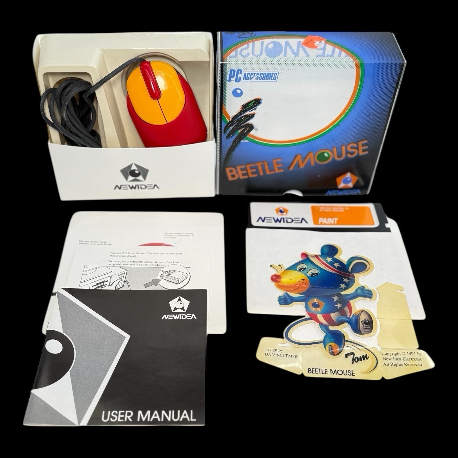 Vintage 1991 NewIdea Beetle Mouse BS-3E 9-Pin 3-Button PC Mouse Software Manual