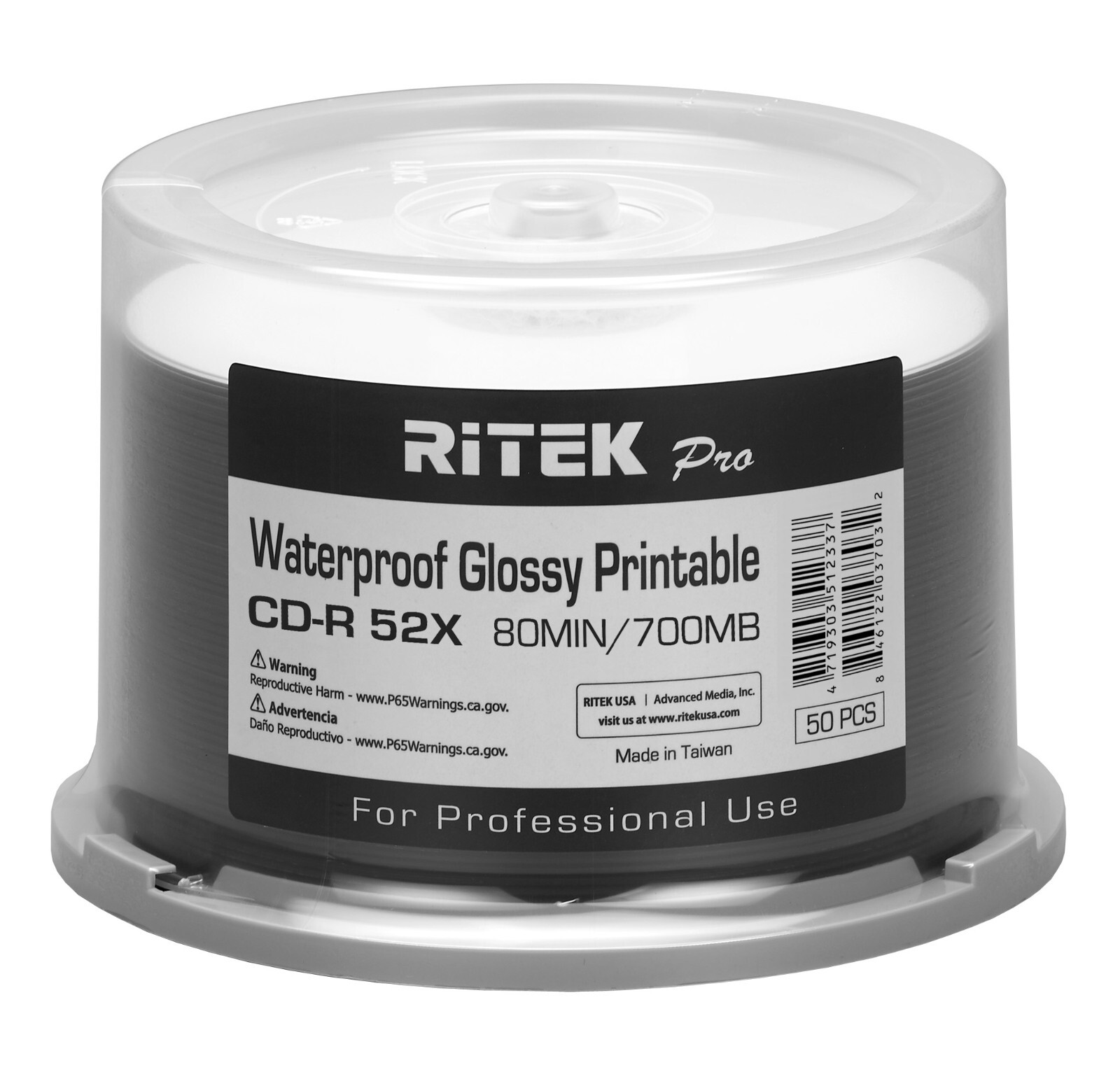 100 Ritek Pro CD-R 52X 700MB Water Resistant Glossy White Inkjet Printable Disc