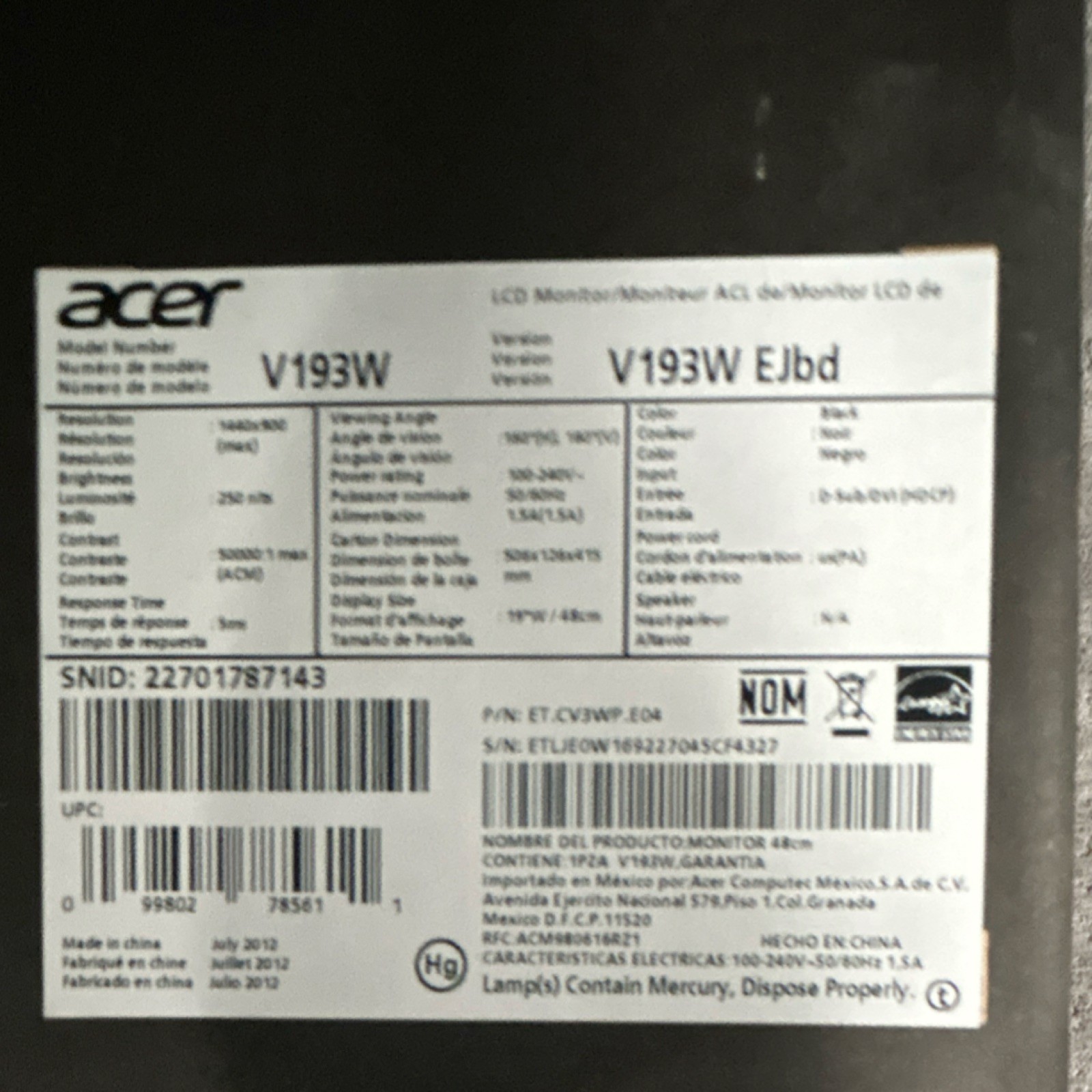 Acer V193W 19" LCD Monitor 1440x900 16:10 DVI D-Sub Black 50000:1 250cd/m² 5ms