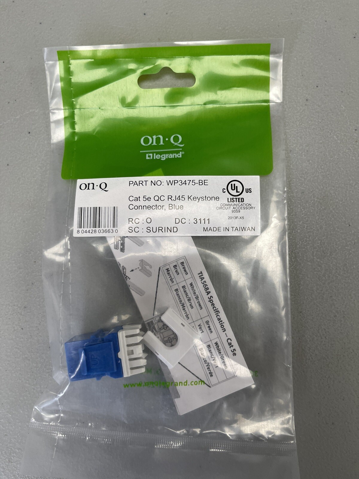 LEGRAND-ON-Q WP3475-BE CATEGORY-5E KEYSTONE JACK, RJ45 CONNECTOR, CAT5E, BLUE