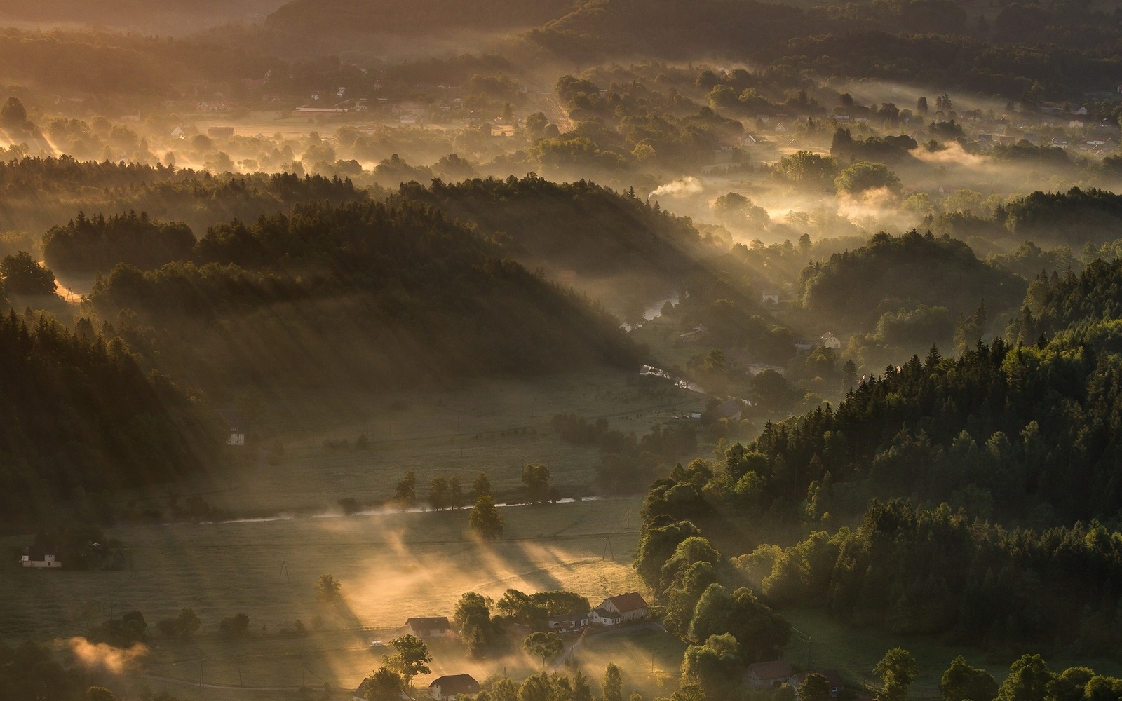 Landscape nature sunbeams mist forest village trees sun Custom Gaming Mat Desk