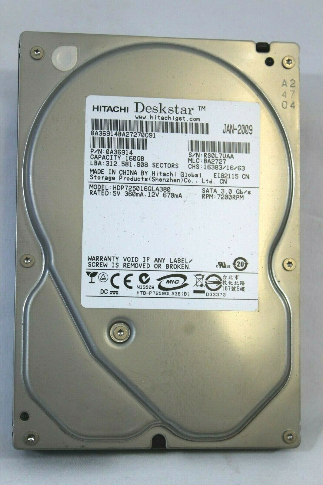 Hitachi Deskstar Model HDP725016GLA380 160GB HDD from Tower Computer Hard Drive