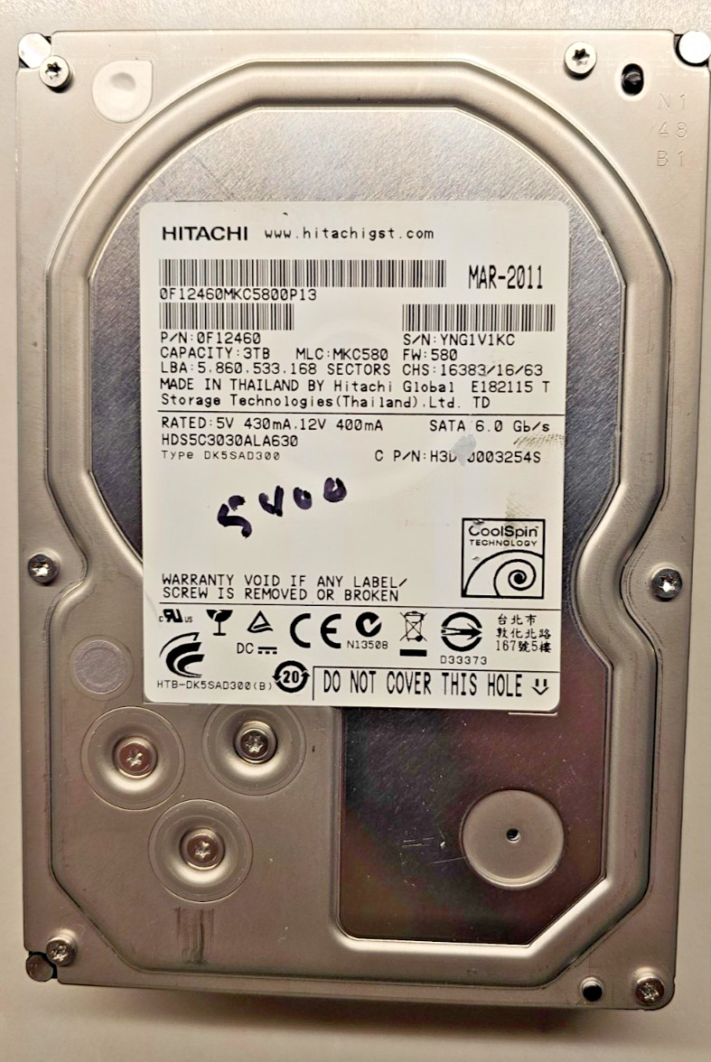 Hitachi 3TB 3.5" SATA Hard Drive - 5700 rpm - 32MB Cache