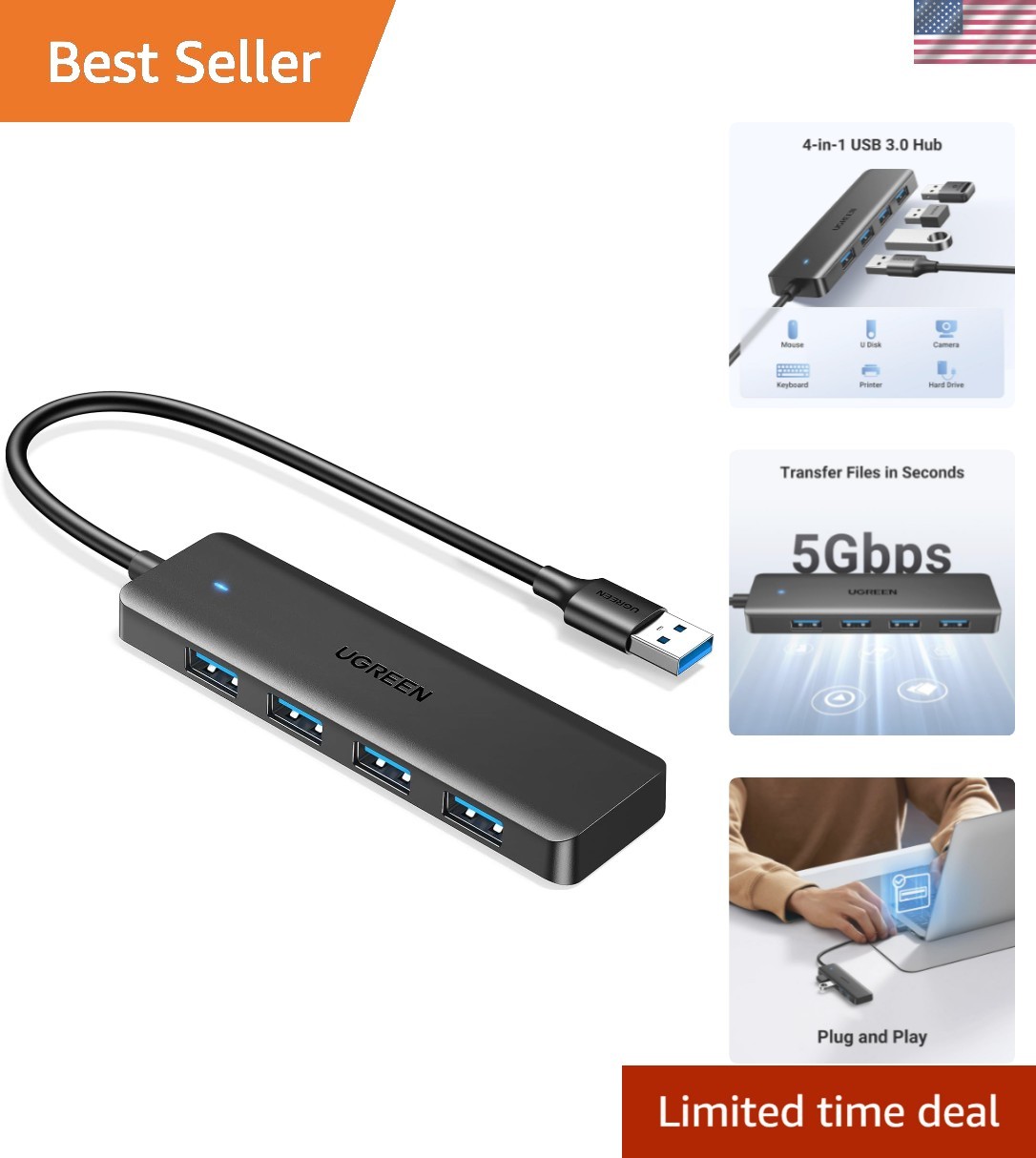 Ultra-Slim 4-Port USB 3.0 Hub for Laptops, PCs, PS5 & Xbox - Fast Data Transfer