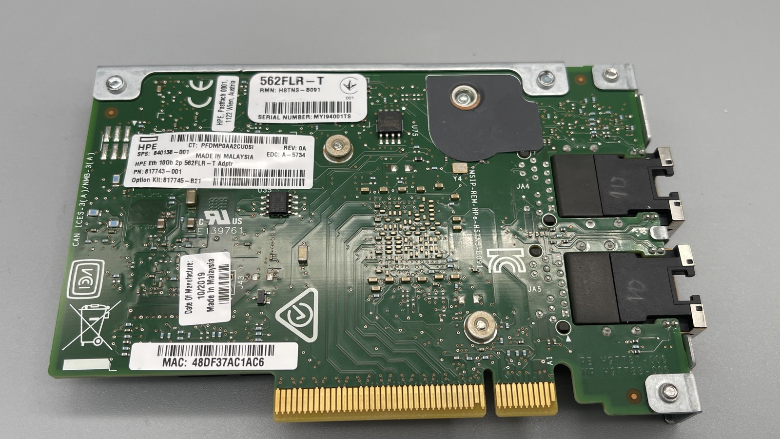 HPE 817743-001U PCA, DL560G10 CLX SYS I/O (TI) 10GB 562FLR-T 2-Port PCI-E