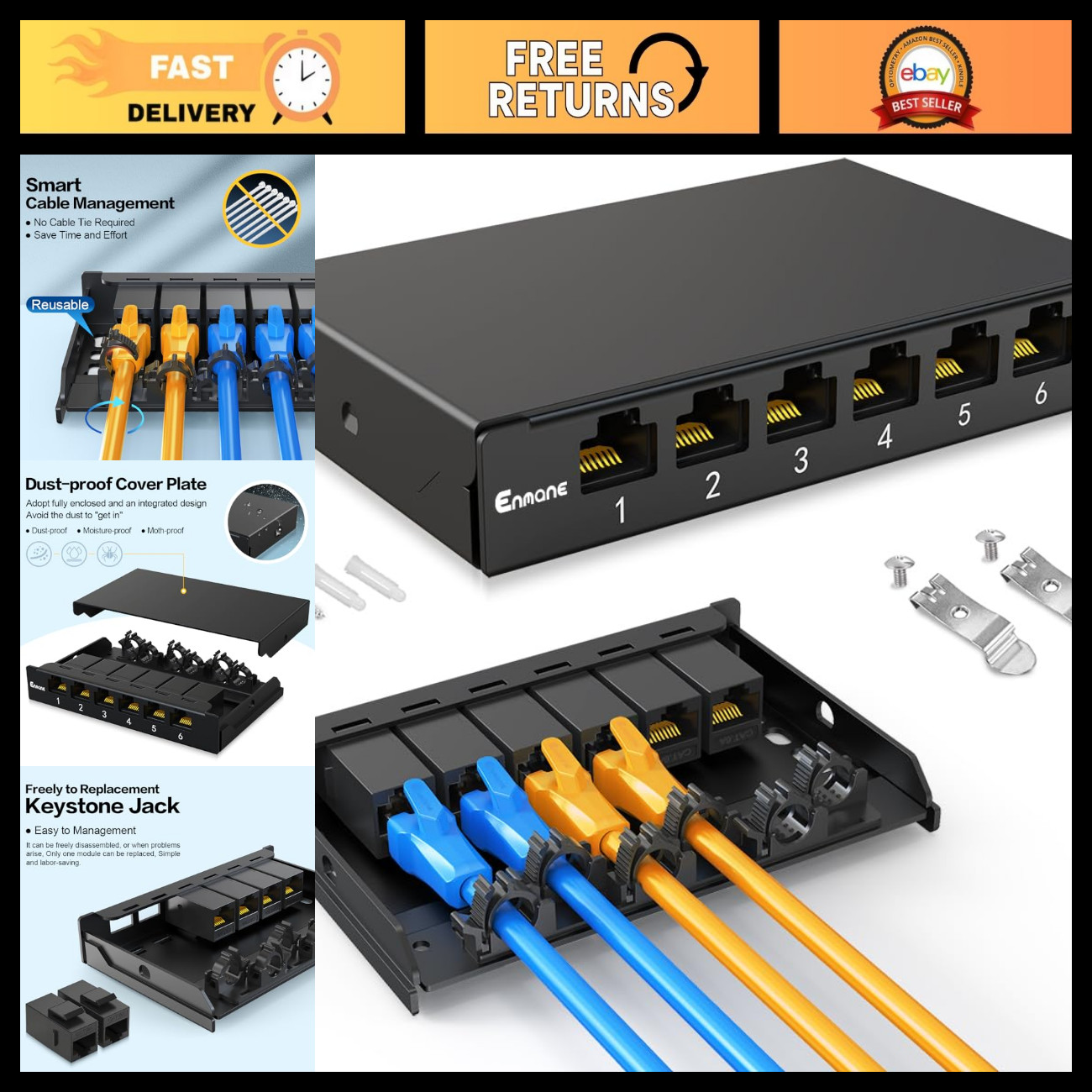 6 Port CAT6A Patch Panel 0.5U UTP Ethernet Termination Box for Desk Mount