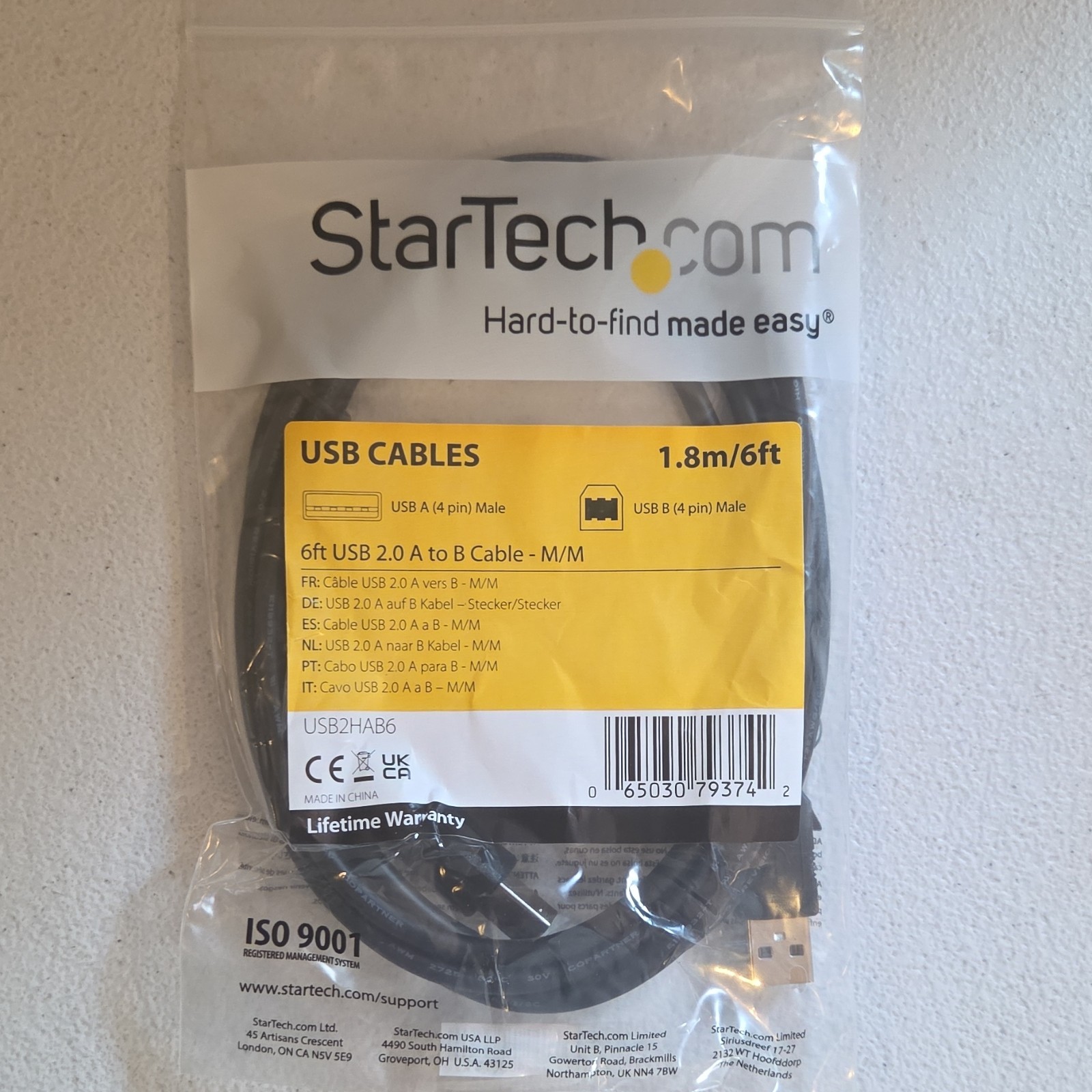StarTech.com USB2HAB6 USB 2.0 A Male to B Male Cable 6 ft Black Round